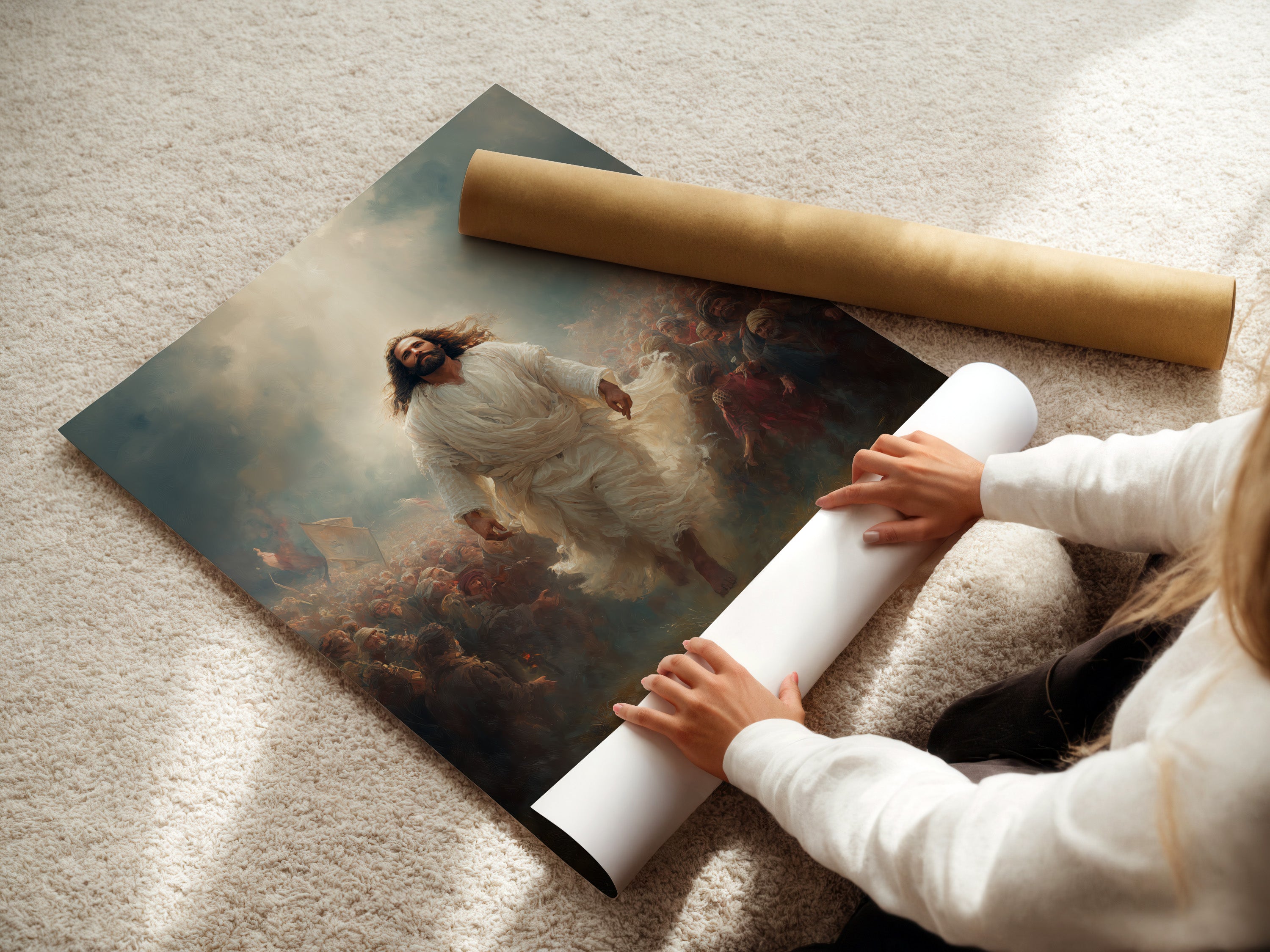 A woman rolls fine art poster paper. This canvas is ready to be transformed into beautiful religious decor. Perfect for creating faith-inspired artwork. Ideal for Christian home decor or a spiritual gift. Explore the possibilities of this art print.