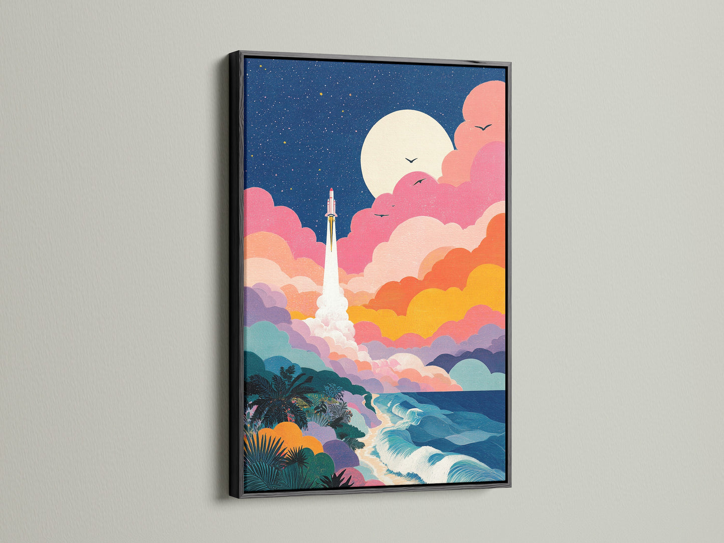 A striking black frame surrounds this canvas art. The artwork depicts a rocket taking off near the ocean. The black frame adds drama and sophistication to the piece. Choose a black frame to make your art pop.