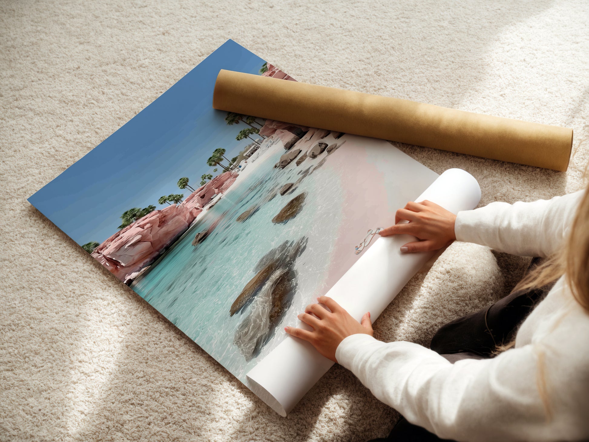 A woman is carefully rolling a fine art poster paper print of a Pink Sand Beach. This high-quality print captures the beauty of the turquoise ocean and pink sand. Perfect for any wall.