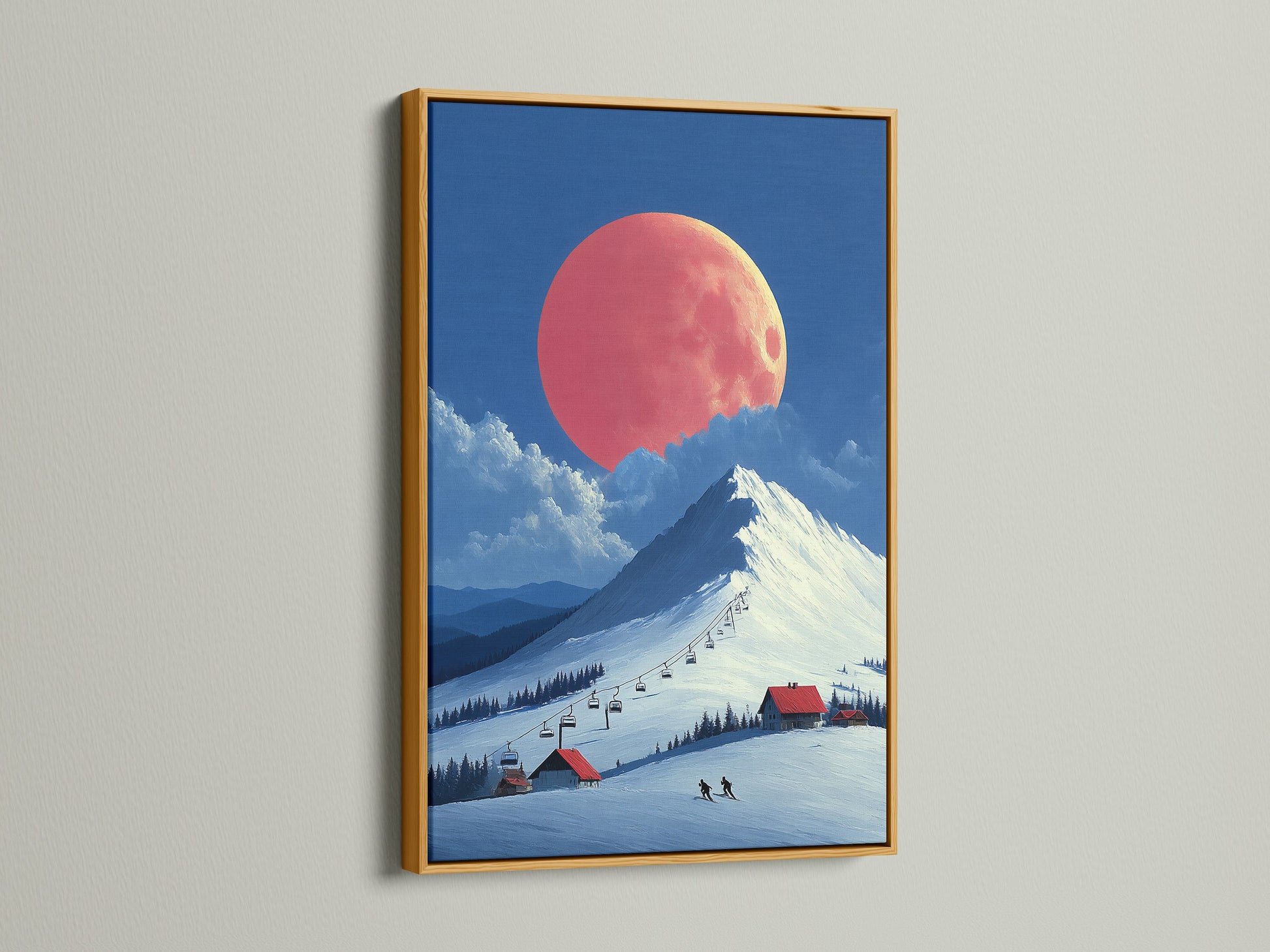 The gold frame enhances the elegance of this winter canvas print. The ski resort artwork displays a beautiful alpine scene. The coral moon mountain landscape is truly captivating. Perfect for adding a luxurious touch to your bedroom decor. The gold frame is eye-catching.