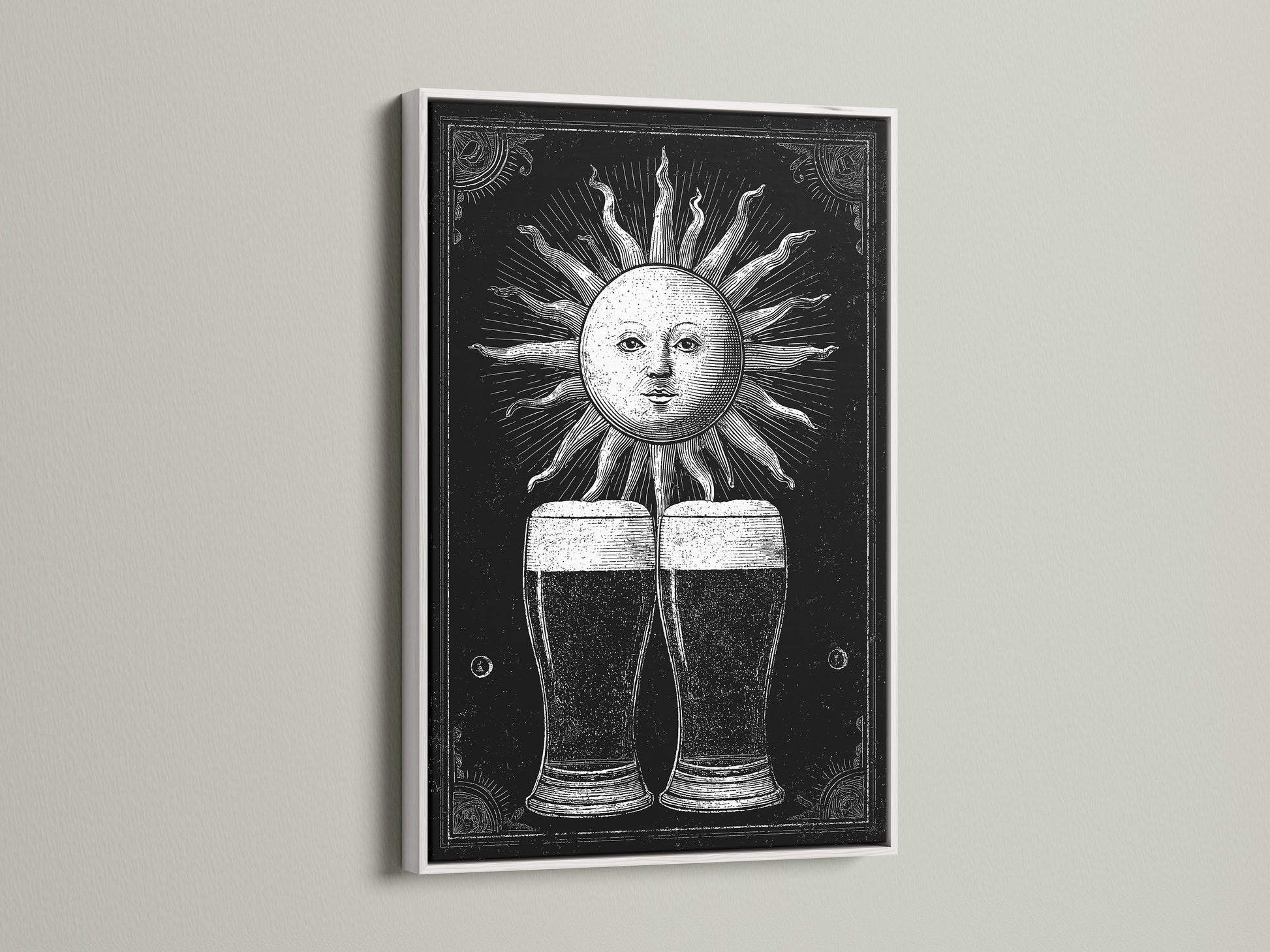 A white frame enhances this vintage sun illustration artwork. The print features two beer glasses under a sun. White frames provide a clean modern look. This framed art is perfect for any room. Find your style today.