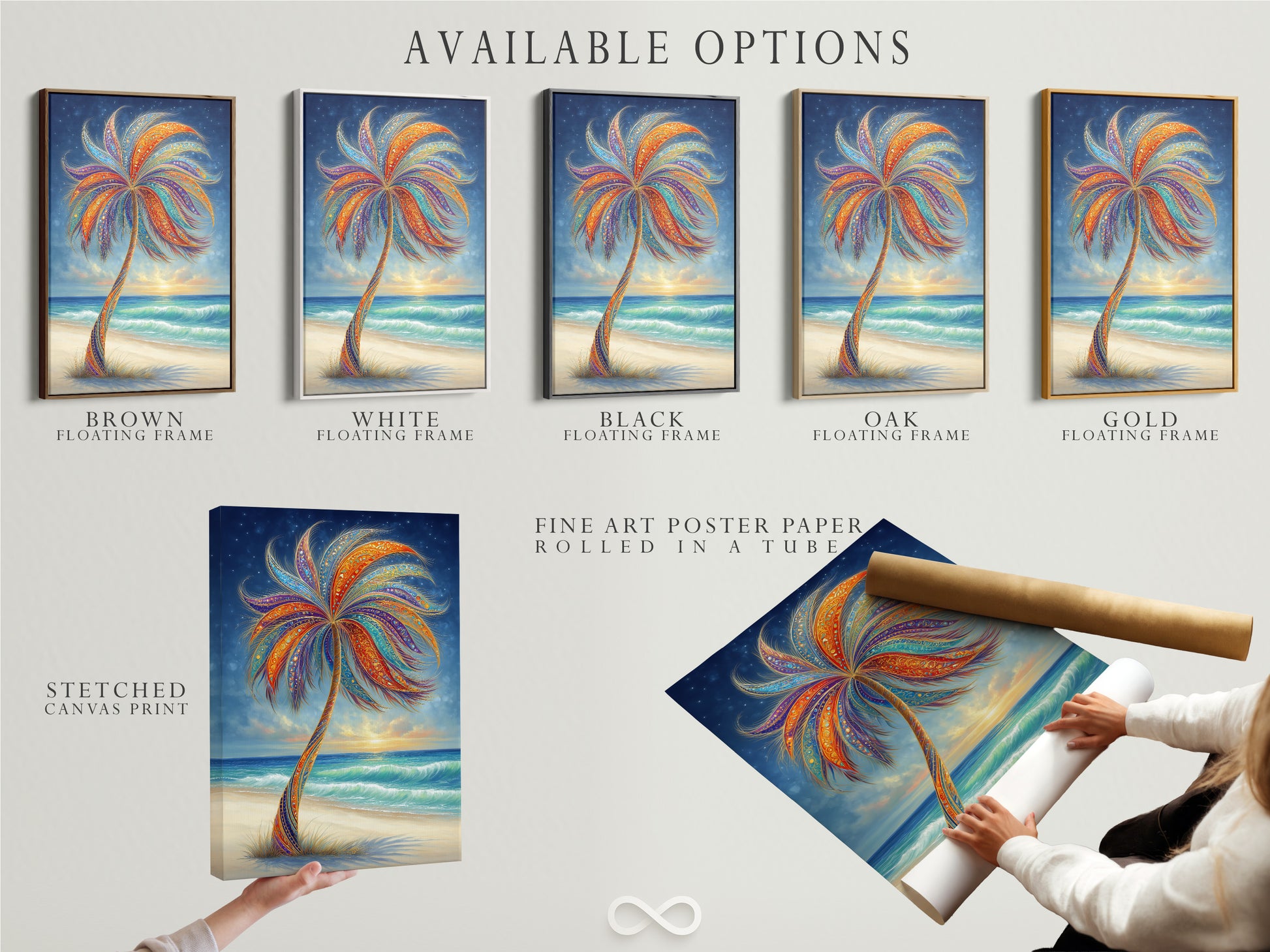 Available options for the tropical palm tree artwork are displayed. Choose from a stretched canvas print a fine art poster paper or a floating frame. Customize your artwork to match your style. Enhance your home decor.