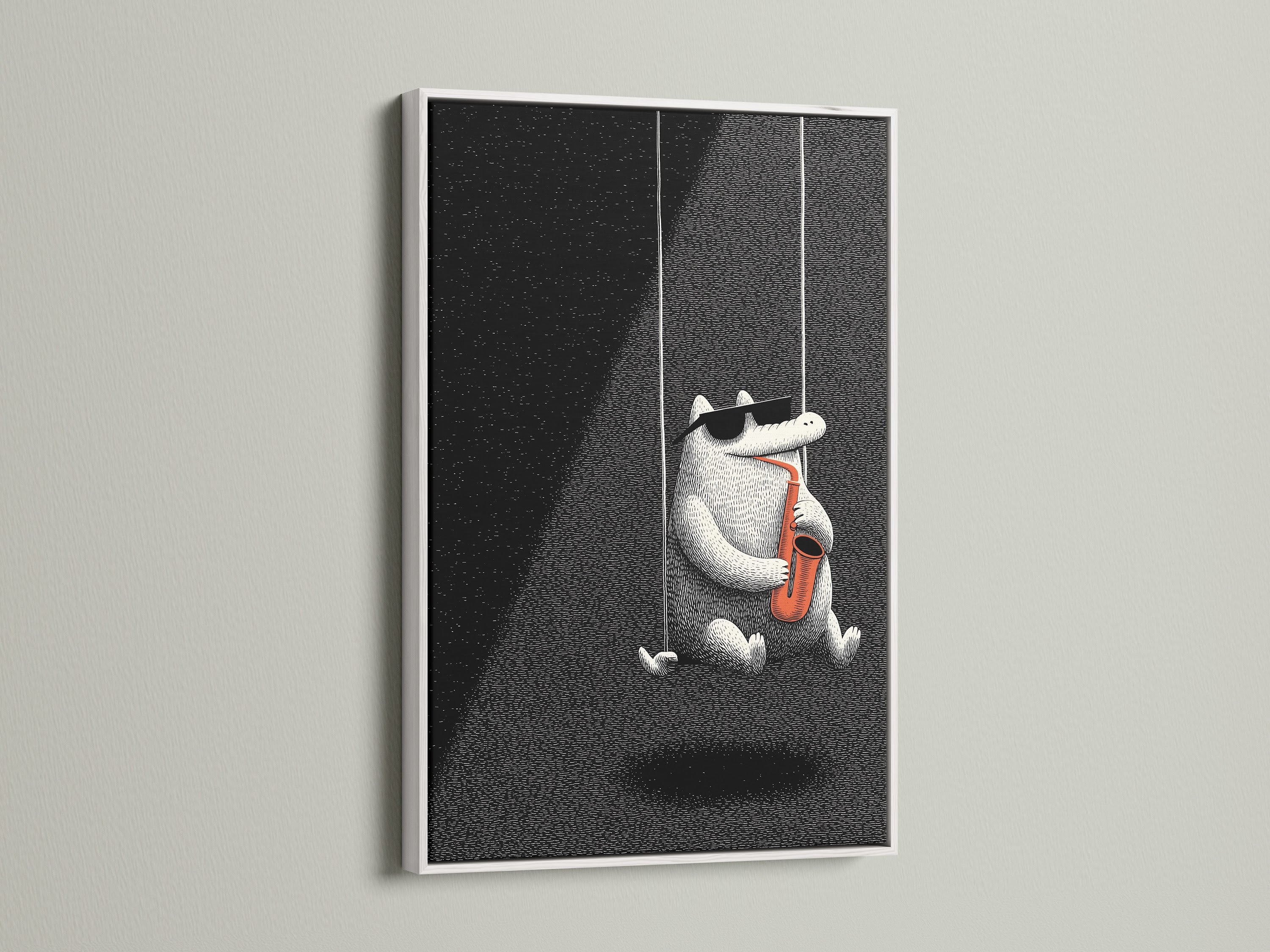 A framed artwork featuring a cartoon alligator playing a saxophone. The frame is white. This artwork is displayed on a white wall. A white frame provides a clean and modern look for your artwork.