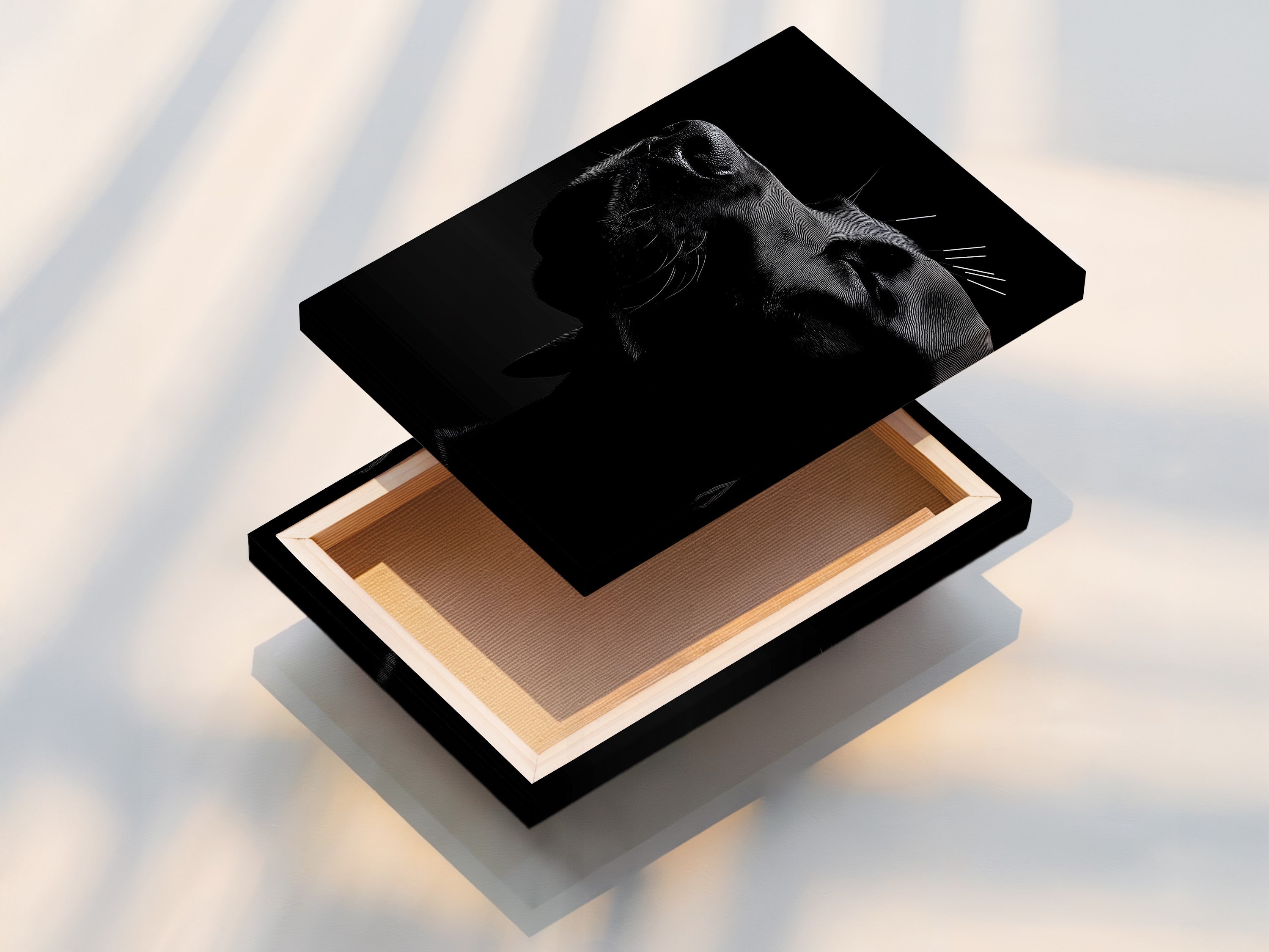 A stretched canvas print of a cow portrait is displayed. This ready-to-hang artwork is perfect for any room. The canvas brings texture and depth to the black and white design. Add rustic charm to your home.