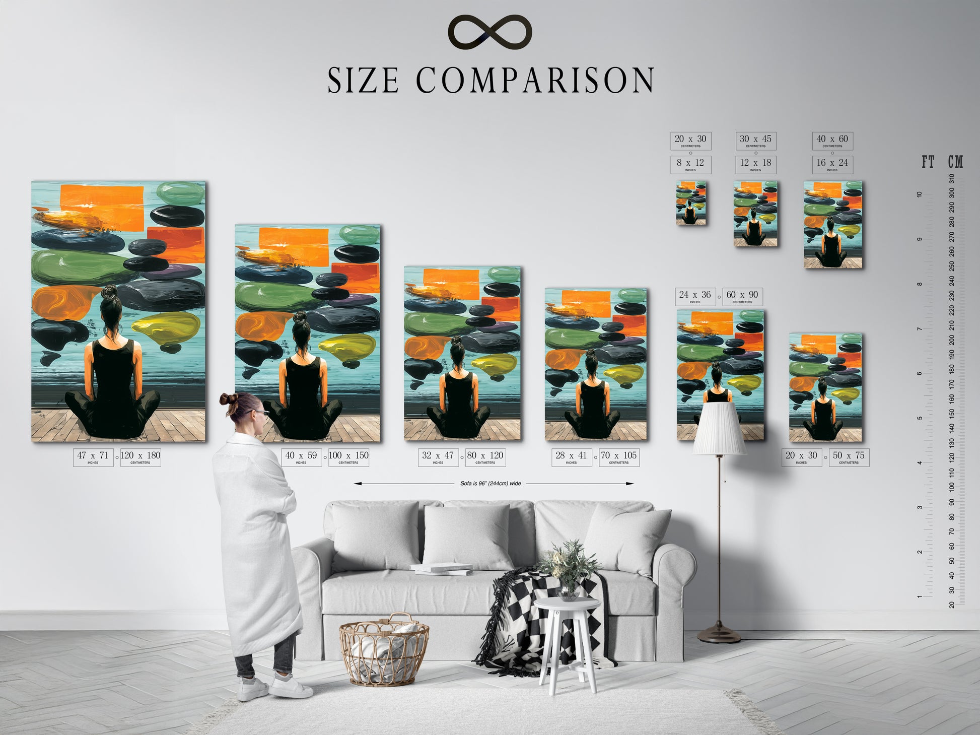 A size comparison chart is displayed in an interior setting. It shows Zen Wall Art in various sizes. The artwork features a woman meditating. Choose the perfect size for your space.