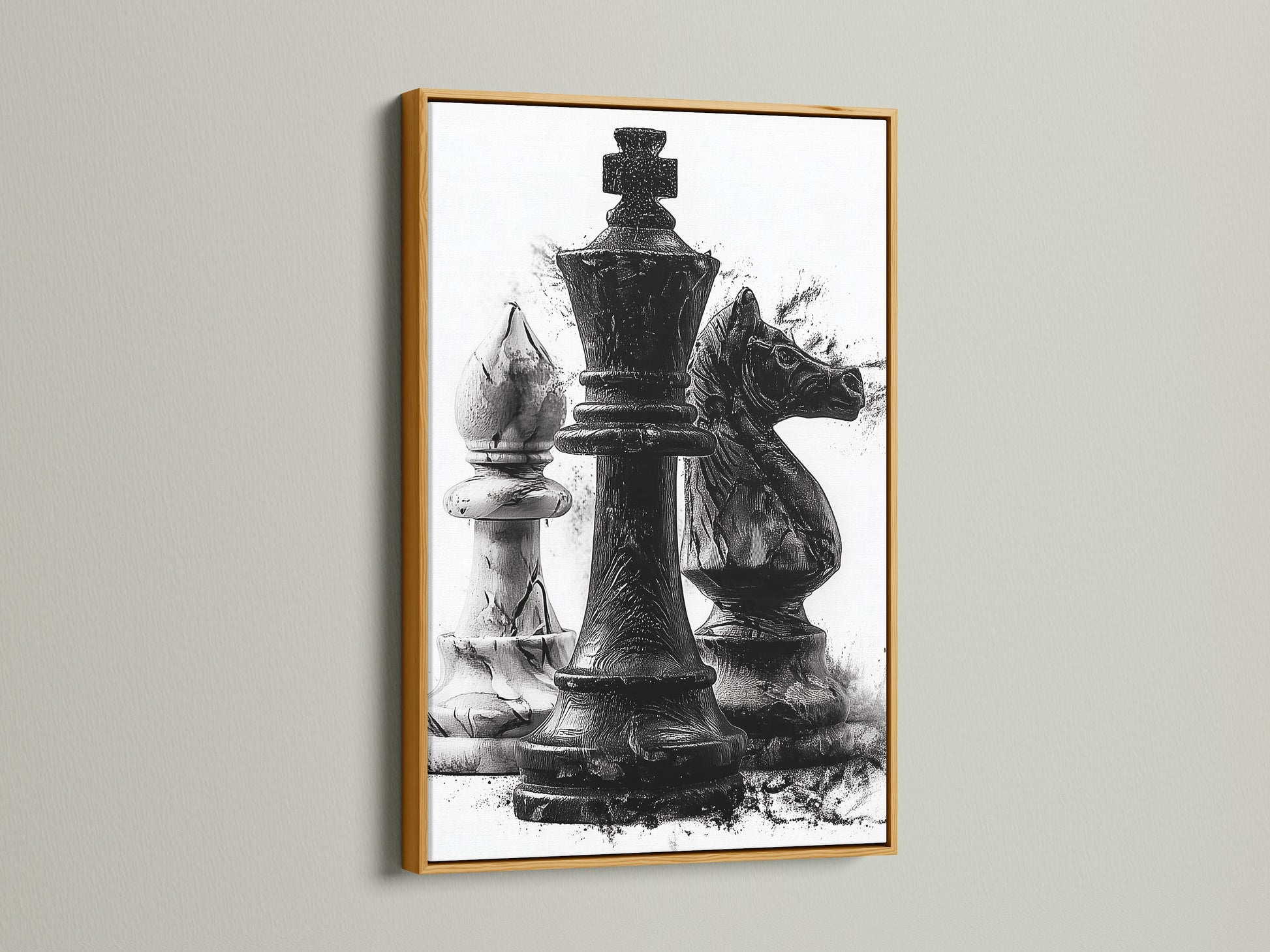 Gold frame artwork featuring chess pieces is displayed on a wall. The light catches the details of the art. Perfect for a game room or office. Adding a touch of sophistication to any space. Elevate your decor with this exquisite artwork. It is a luxurious and refined choice.