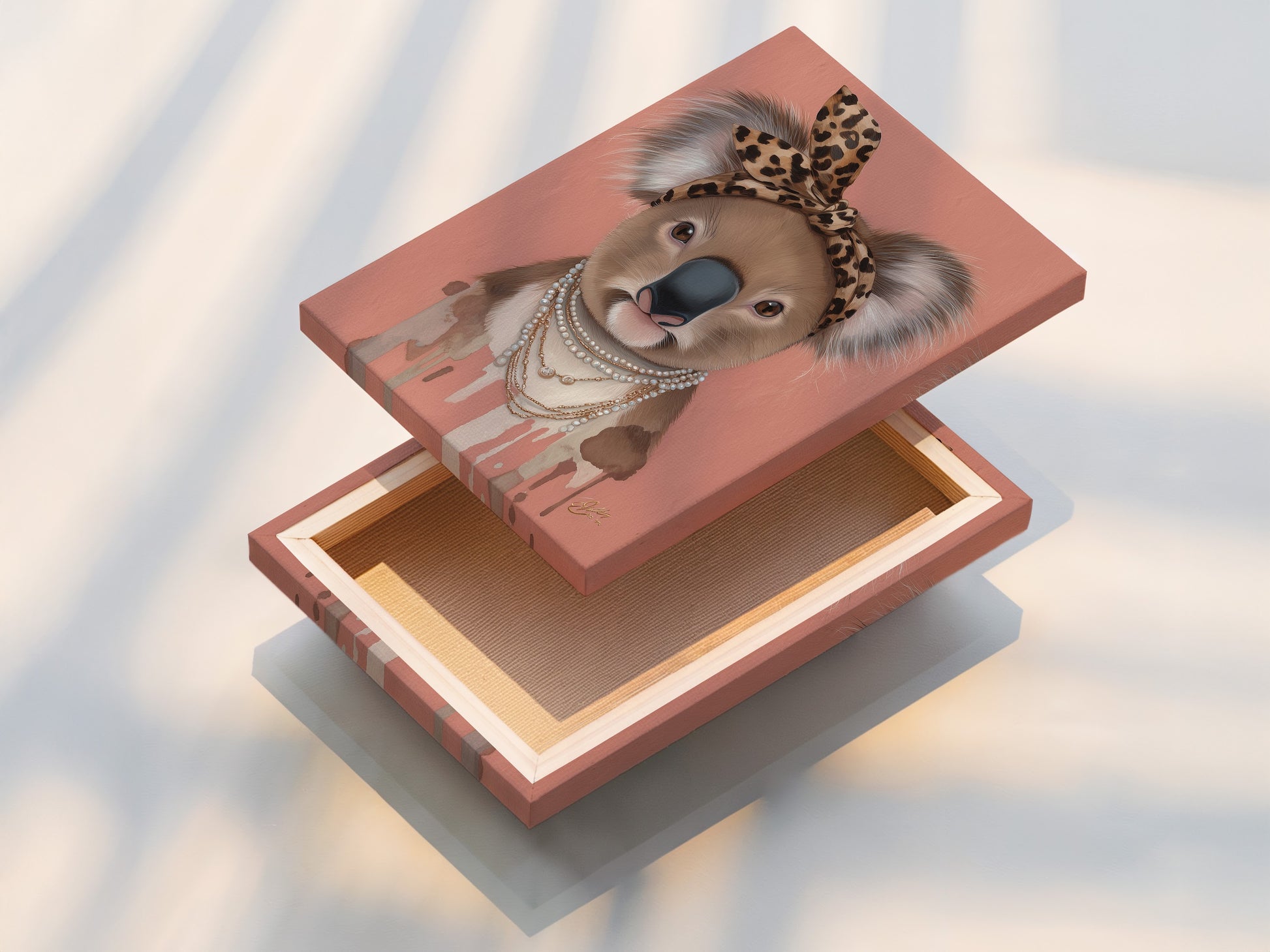 Stretched canvas print displays the Koala Wall Art. This trendy animal print is perfect for nurseries. The Koala wears a leopard print headband and pearl necklace. This stretched canvas adds a modern touch.