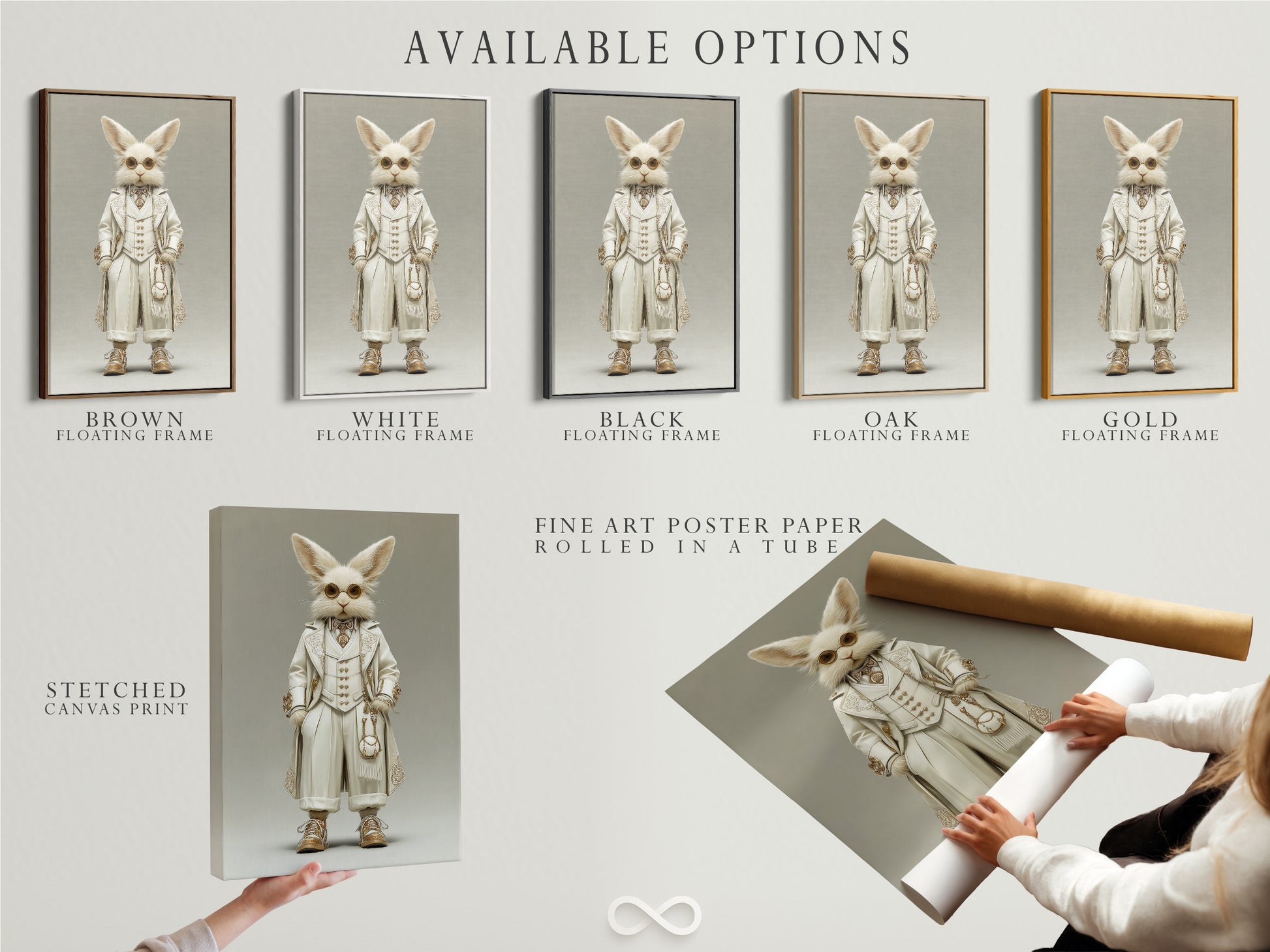 Available options are displayed including a stretched canvas print. Also shown is fine art poster paper and a floating frame. Choose the best option for your Victorian Steampunk Rabbit artwork. Customize your art to match your personal style. Select from various formats to suit your decor.