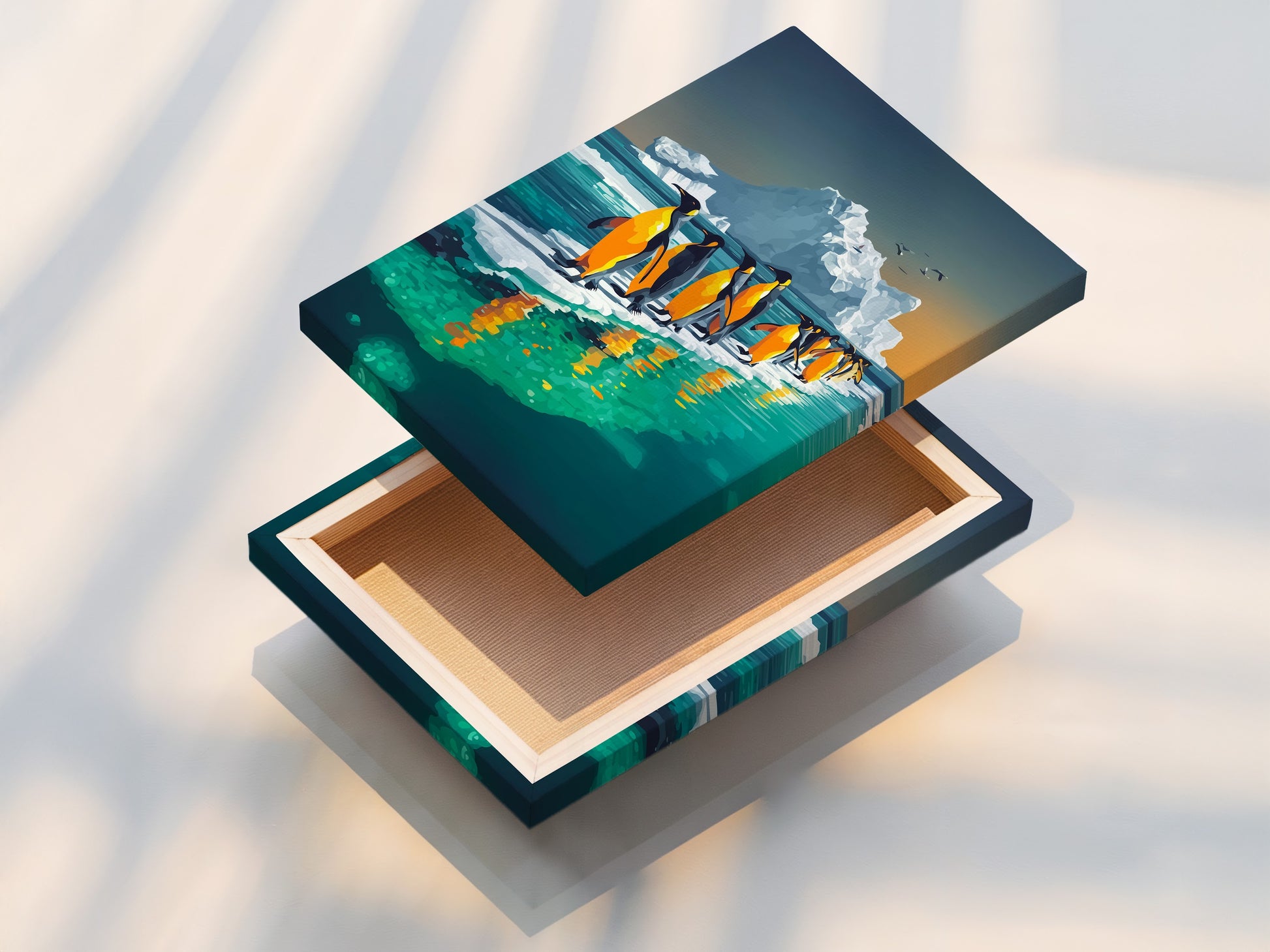 A stretched canvas print featuring penguins and icebergs. This wildlife art print is ready to hang. Perfect for adding ocean wall decor to any living space. This polar art print brings a touch of the arctic into your home. The artwork has yellow and blue colors