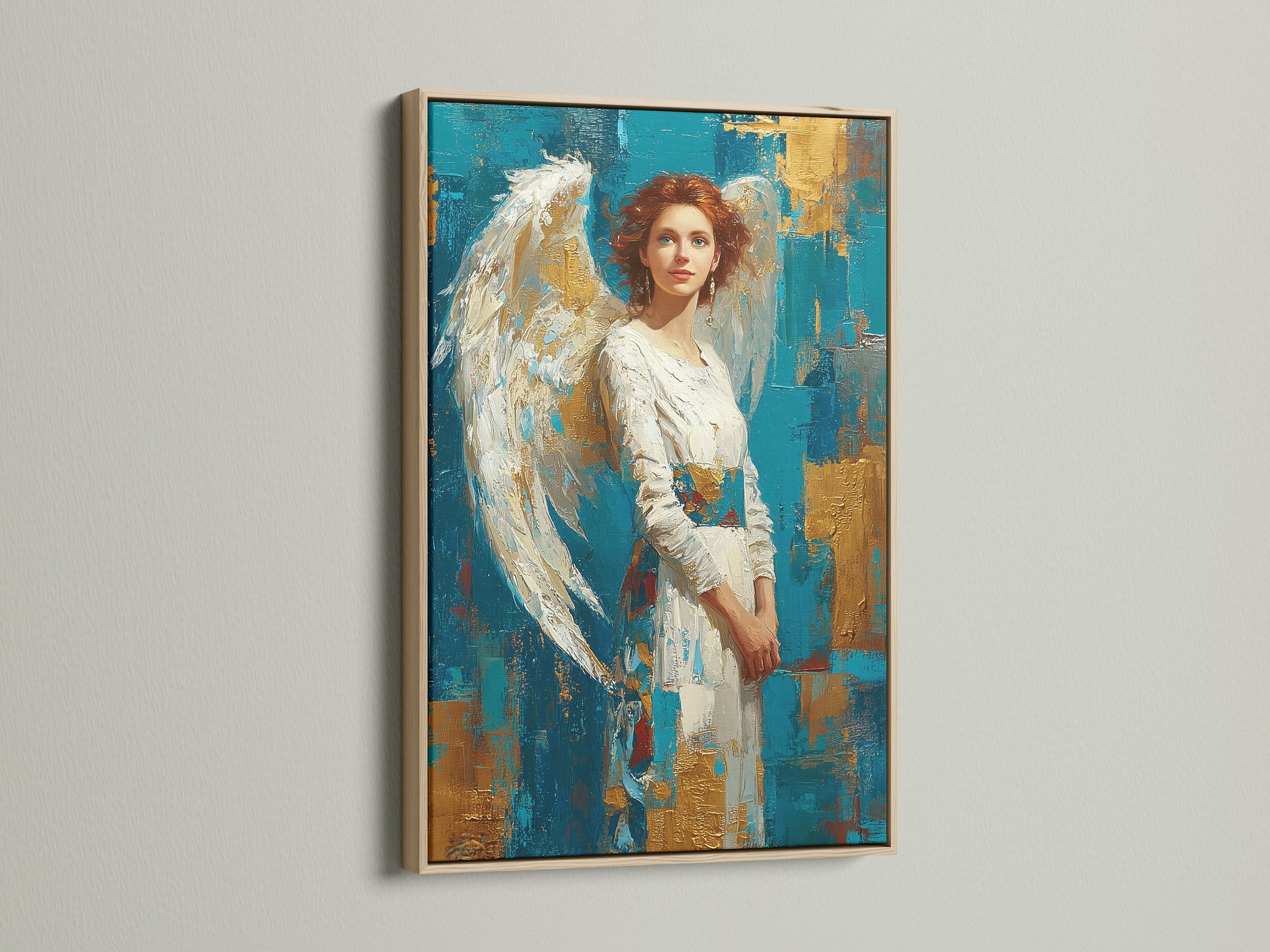 A captivating artwork of an angel framed in oak hangs gracefully on a wall. The oak frame enhances the artwork's beauty. Discover the warmth and elegance of oak frames for your cherished art prints. Elevate your art with our oak frames.