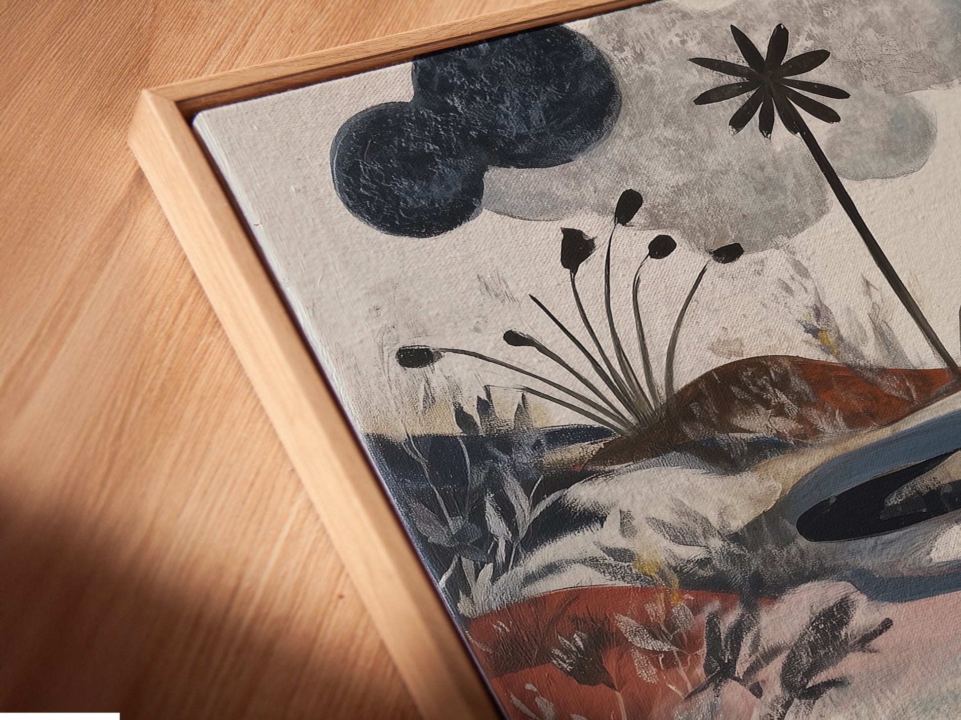 Close-up of a canvas print in a floating frame. The frame enhances the depth and dimension of the artwork. The artwork features a figure walking along a winding path. Sheep graze in a field of flowers. Explore our floating frame option.