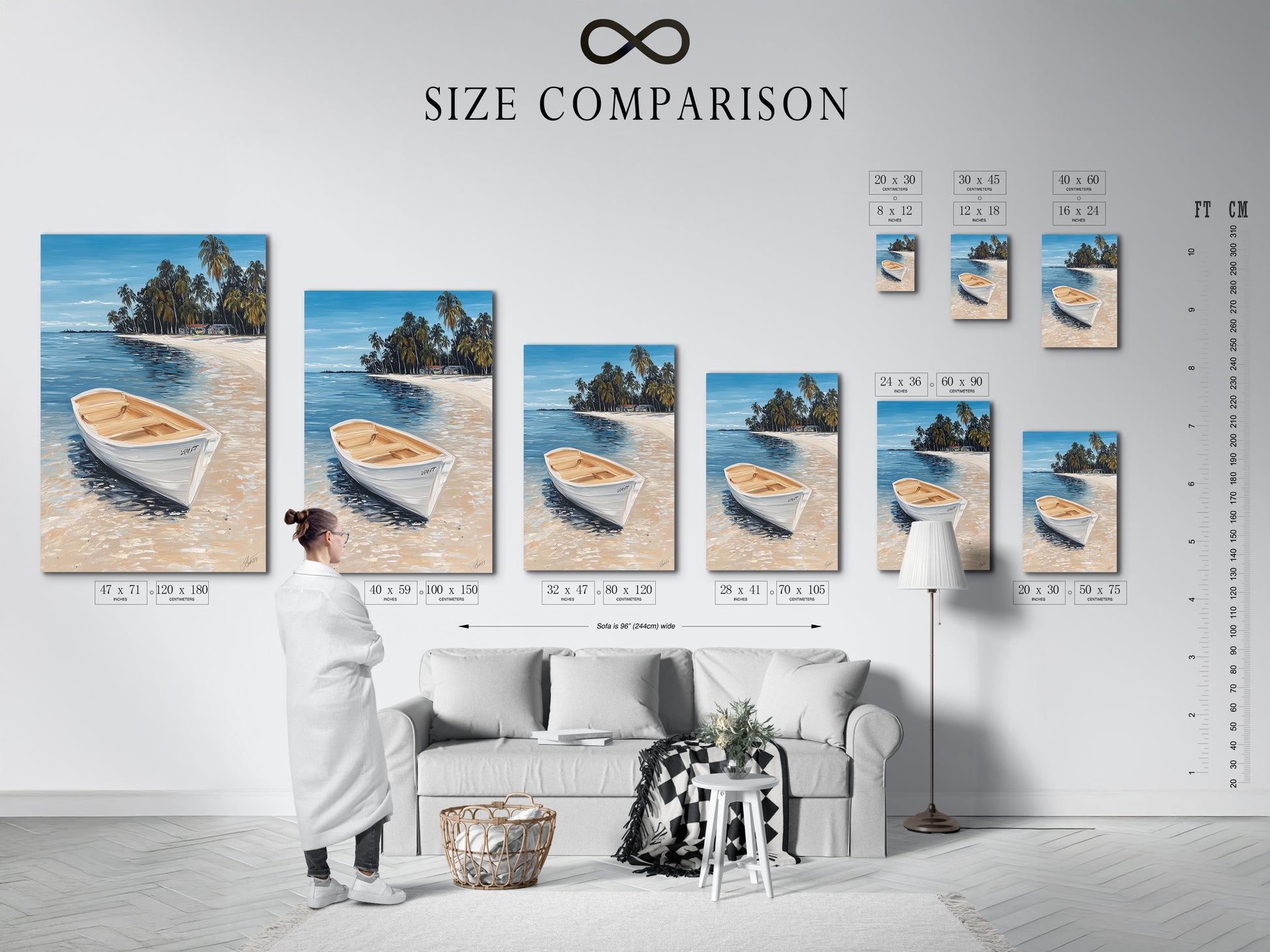 Size comparison chart displayed in an interior setting. Showcasing various sizes of our tropical beach artwork. This coastal wall art features a white boat. Find the perfect fit for your space. Explore our seascape paintings and beachy home decor options.