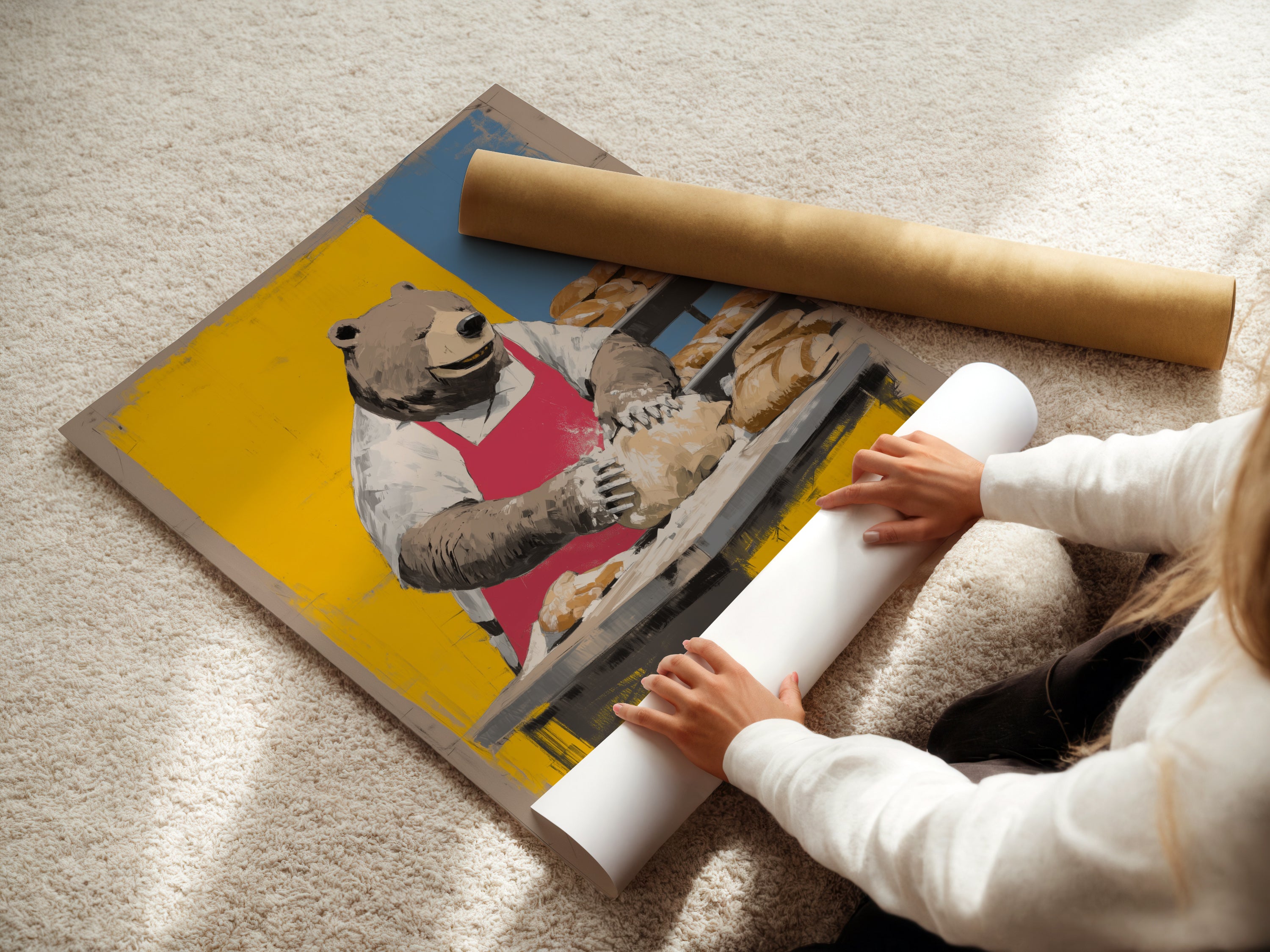 A woman is carefully rolling a fine art poster paper print of the Bear Baker Artwork. This kitchen wall art is perfect for food enthusiasts. The chef animal print is ideal for a rustic dining room. Bring a touch of humor with this bakery wall decor.