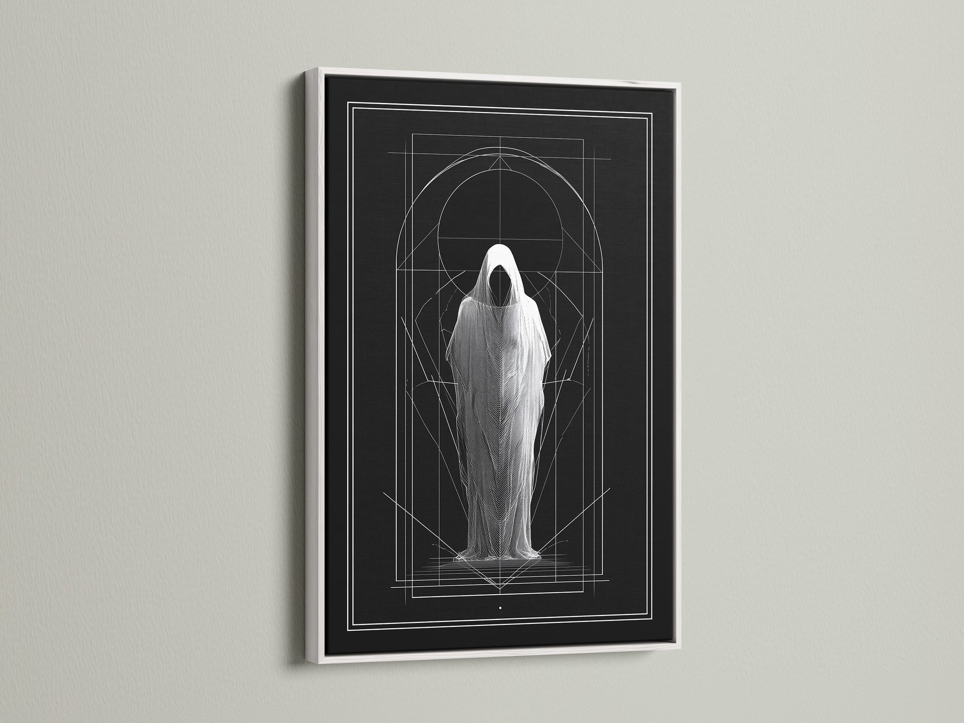 Artwork displayed in a white frame. The art features a figure in a shroud. Geometric lines accent the piece. The white frame offers a clean look. View stretched canvas and fine art paper options. Frame colors include oak black and gold. Choose your perfect style.