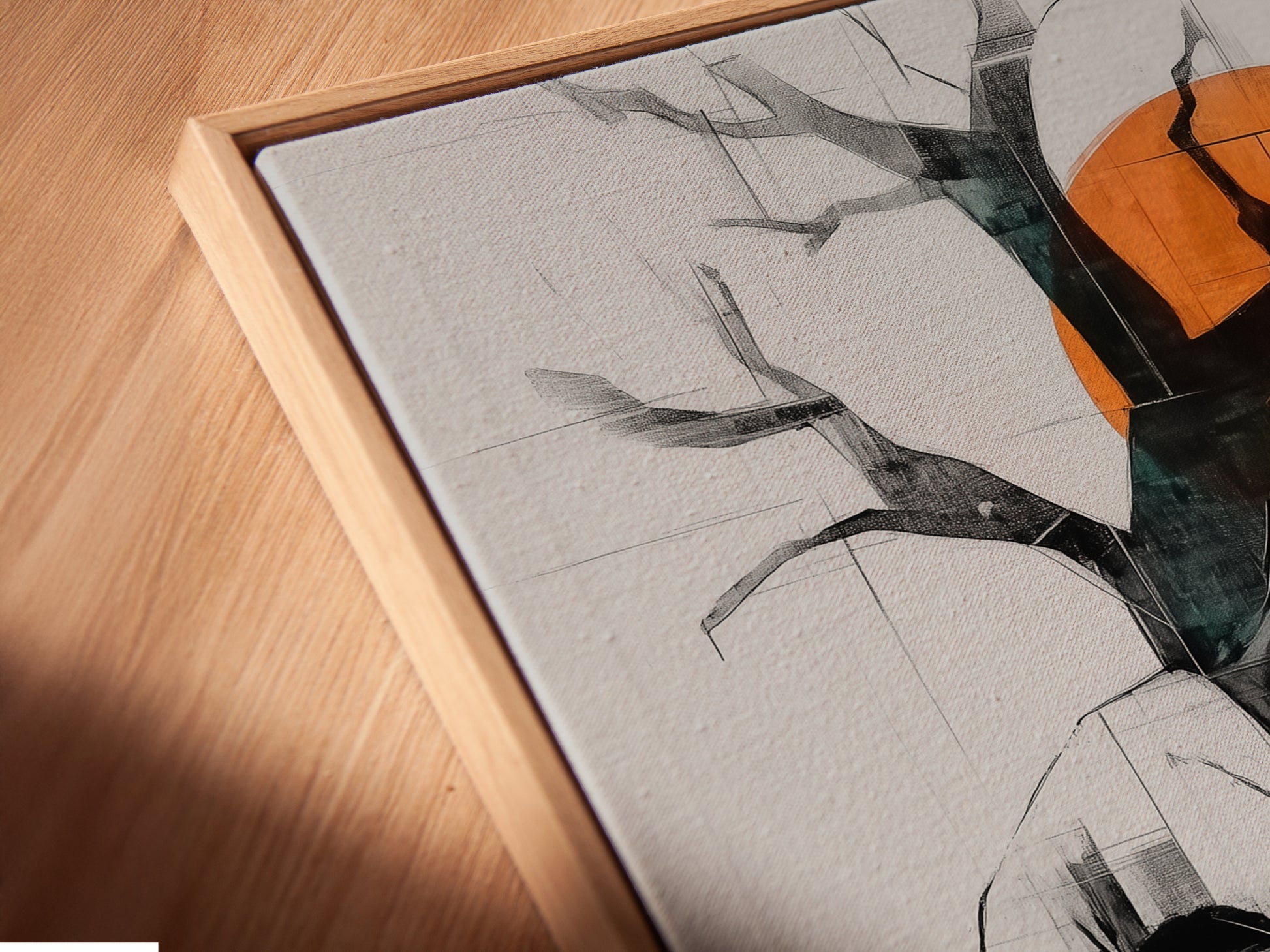 Get a closer look at this fine art canvas print in a floating frame. The angled view showcases the details and quality. The floating frame adds depth and dimension to this artwork. It's perfect for modern and contemporary homes.