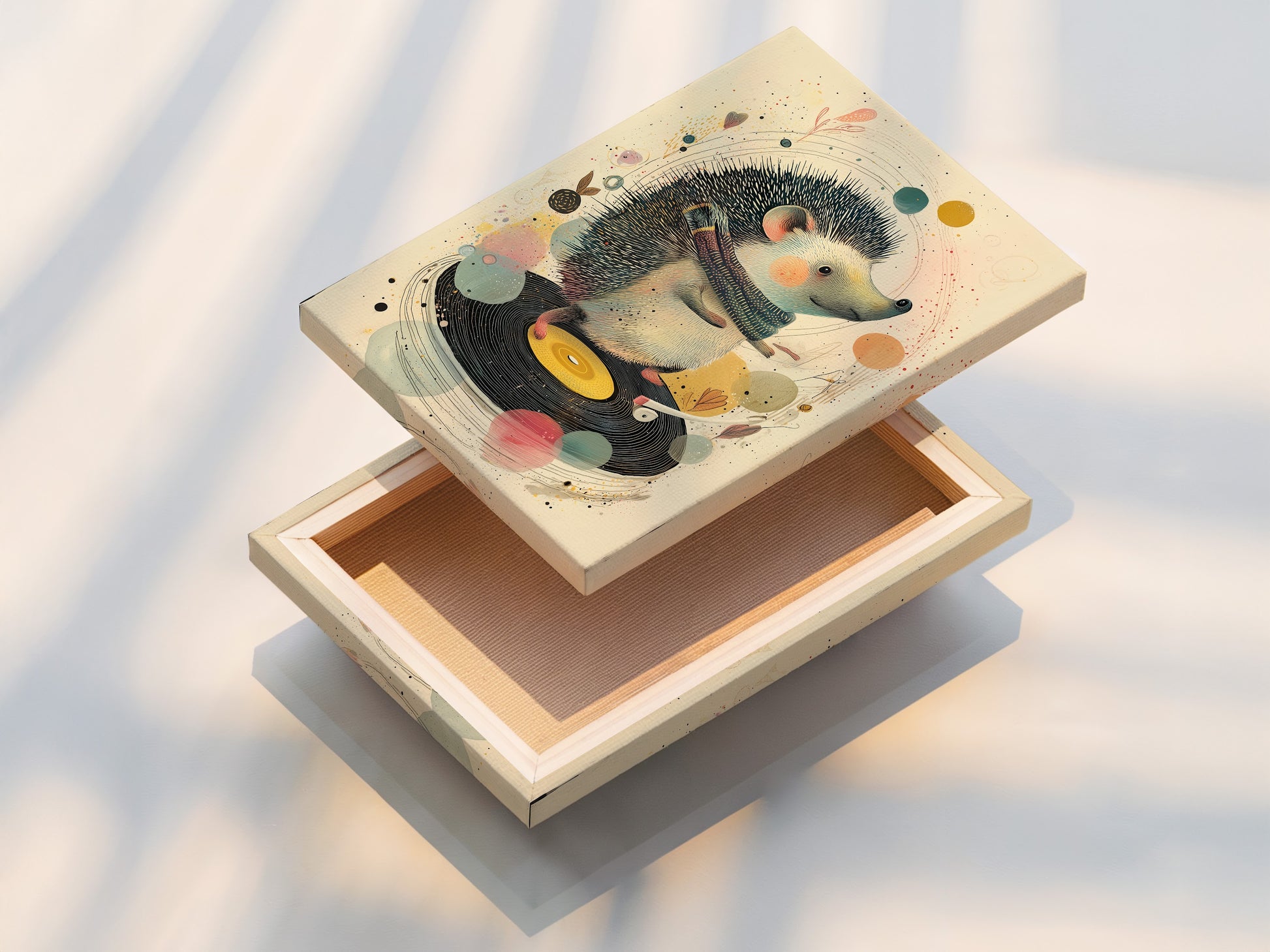 A stretched canvas print displays vibrant artwork. It showcases a hedgehog DJing on a record player. The stretched canvas provides a gallery-ready look. See our stretched canvas print options. Bring your artwork to life with canvas.