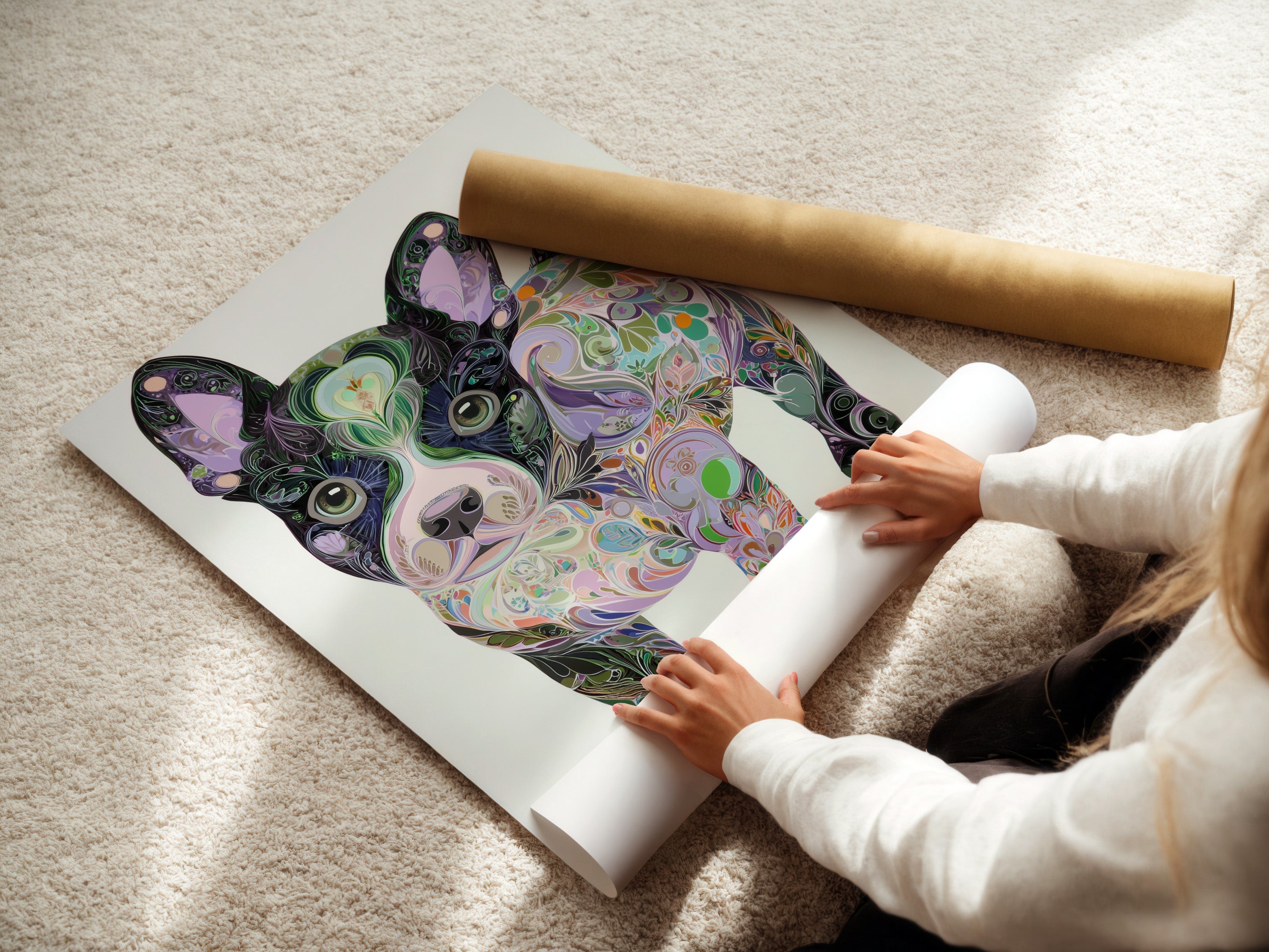 A woman is carefully rolling a fine art poster paper print. The print features a colorful French Bulldog art. This psychedelic pet portrait is ready to be framed. This Frenchie print is a gift for dog lovers.