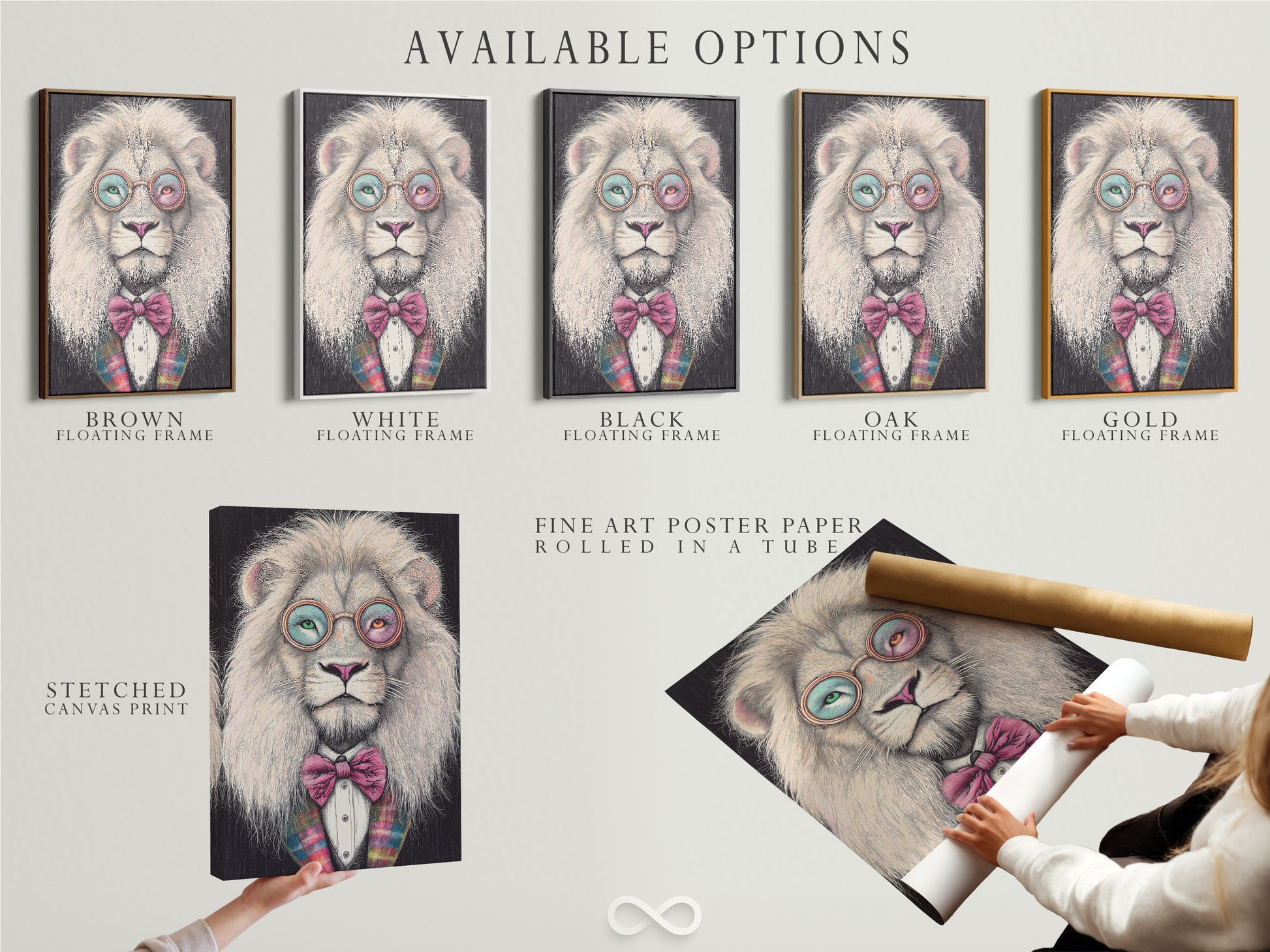 Available options are displayed. Those options include a stretched canvas print. You can also choose fine art poster paper or a floating frame. The art is the quirky Hipster Lion with glasses