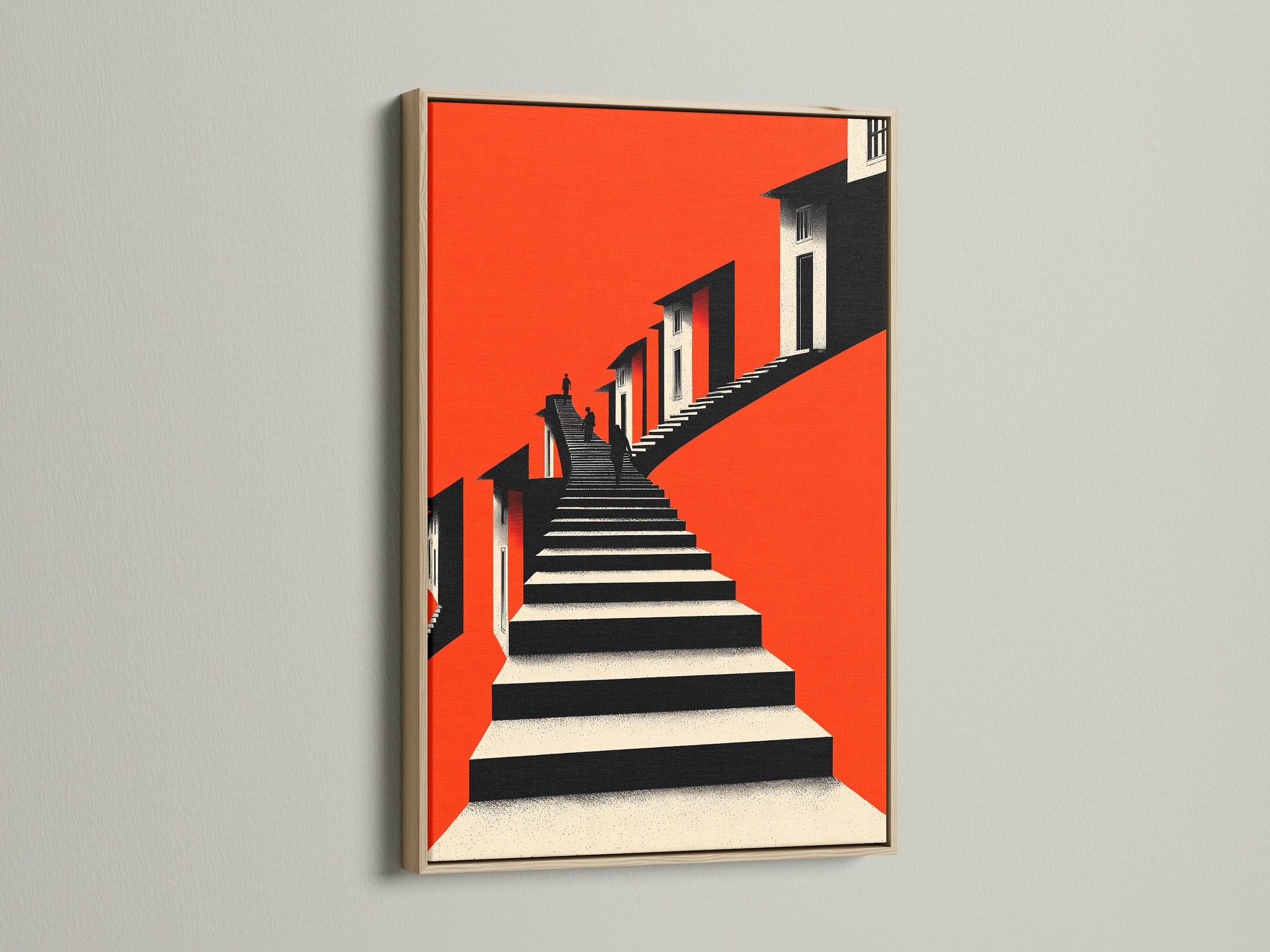 Architectural Stairs Print in an oak frame. This geometric building canvas adds a touch of modern elegance. The bold orange modern wall art complements any contemporary space. Perfect for living rooms bedrooms and offices. Elevate your modern home decor with this architectural art piece.