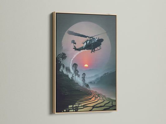Elevate your decor with this Vietnam War Era Wall Art in an oak frame. It showcases a helicopter artwork with a sunset aviation theme. Perfect military aircraft print for man caves and offices.