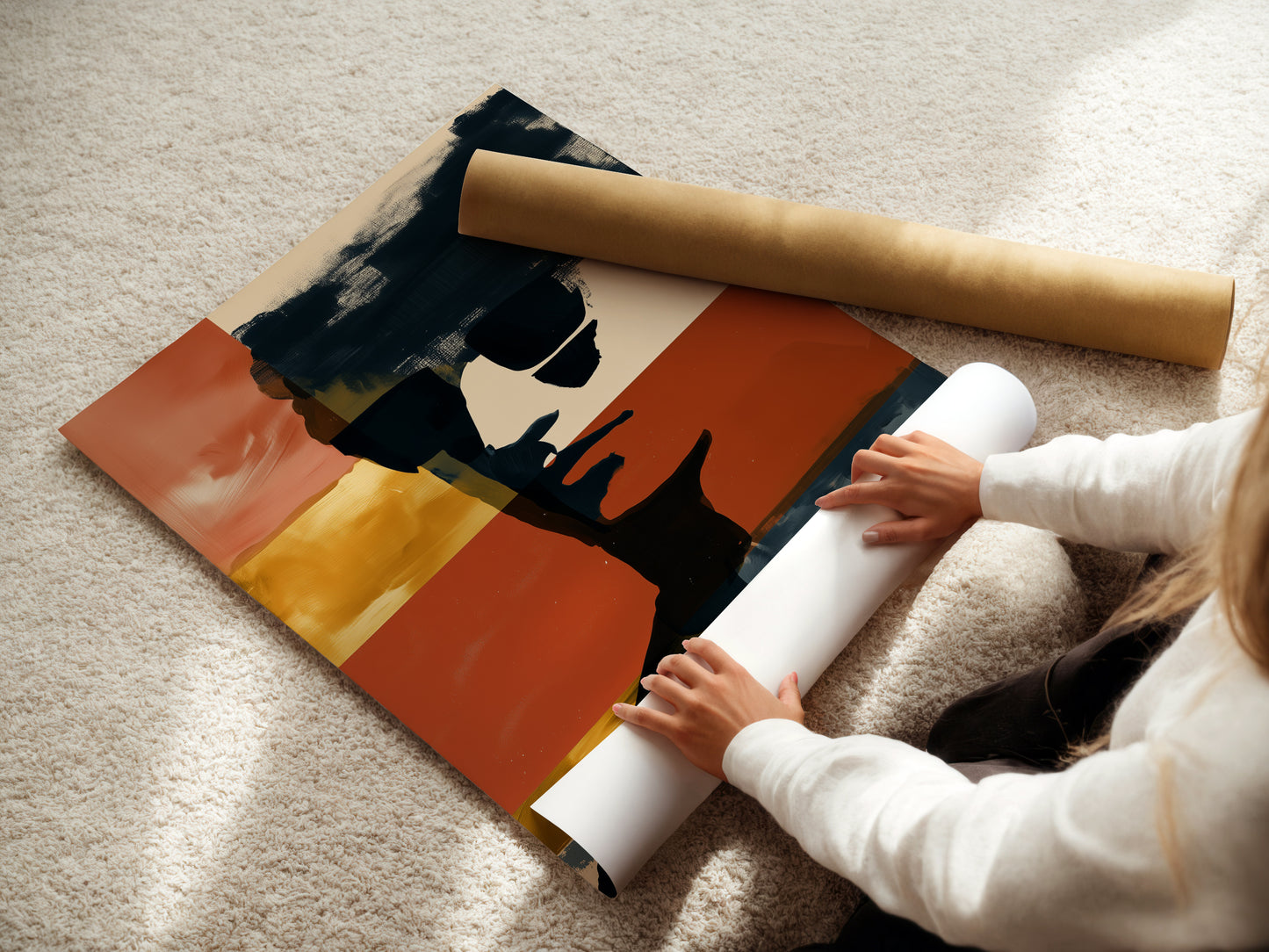 A woman is carefully rolling fine art poster paper. This shows the care taken in producing our modern art prints. Choose from abstract portraits and bold color block artwork for your home or office wall art.