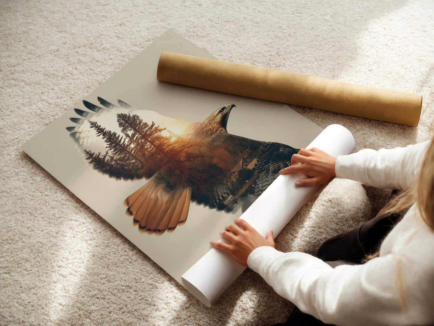 A woman is carefully rolling a fine art poster paper of the Eagle Forest artwork. This highlights the care and quality of the print. The fine art poster paper showcases the wildlife artwork beautifully. Perfect for those who appreciate detailed nature prints. A great option for wall decor.