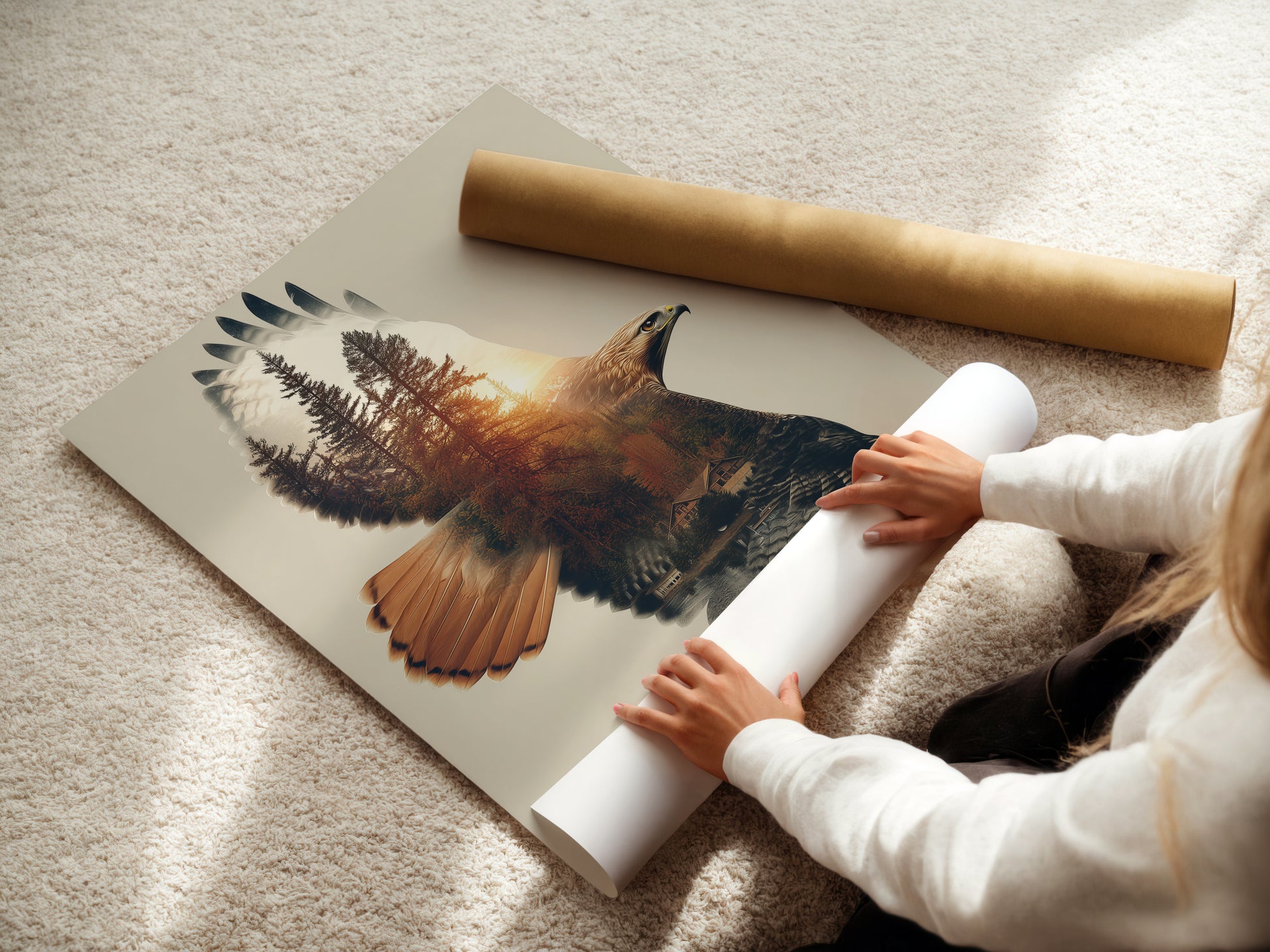 A woman is carefully rolling a fine art poster paper of the Eagle Forest artwork. This highlights the care and quality of the print. The fine art poster paper showcases the wildlife artwork beautifully. Perfect for those who appreciate detailed nature prints. A great option for wall decor.