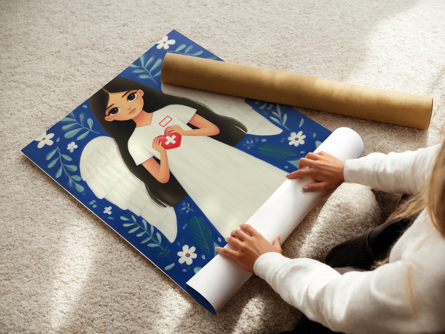 A woman is carefully rolling a fine art poster paper print of the Nurse Angel artwork. The print features a nurse with angel wings holding a heart with a medical cross. High-quality materials ensure the artwork is ready for framing and display. It is an excellent gift for healthcare heroes.