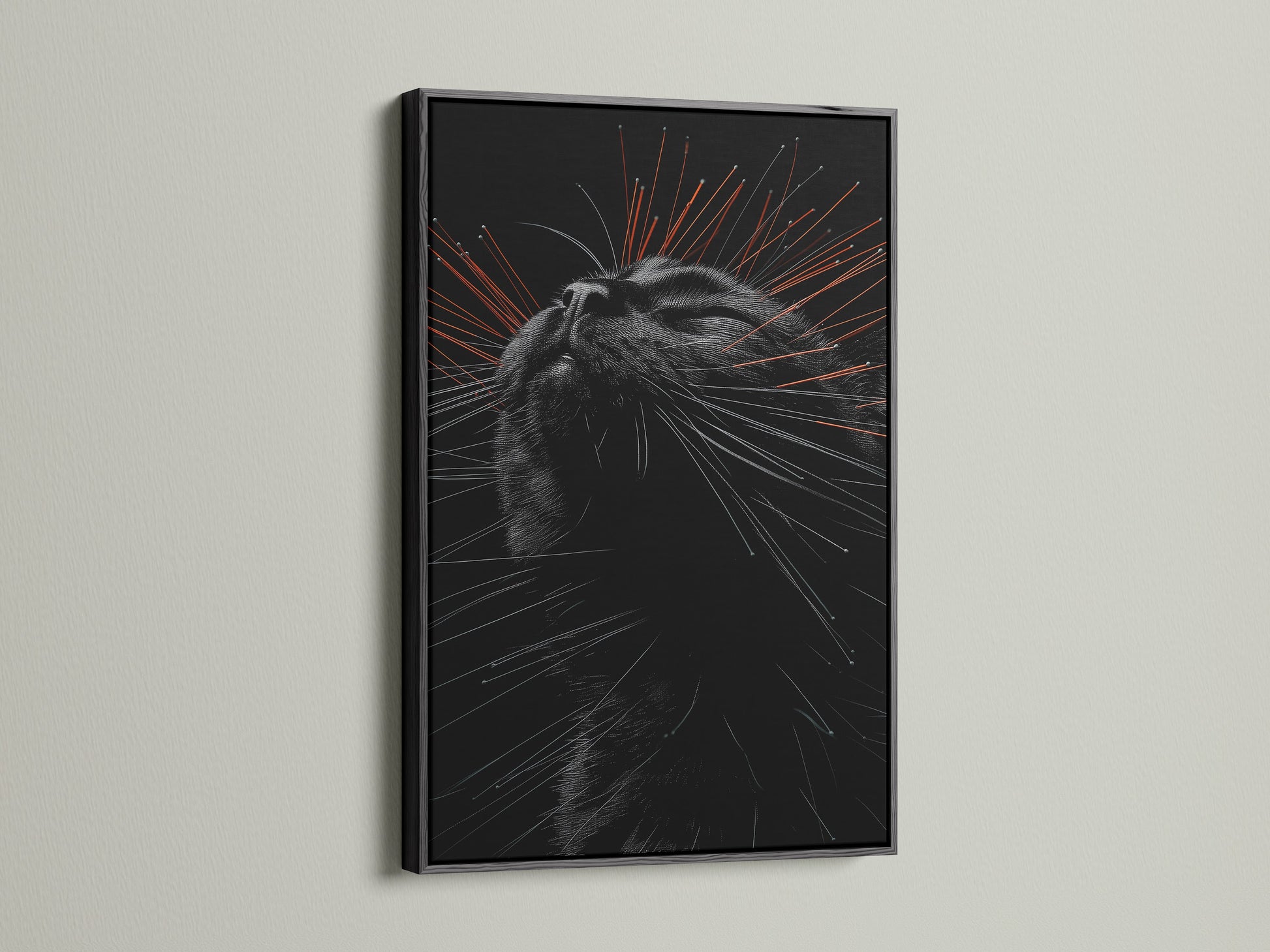 A sleek black frame highlights a striking cat portrait canvas print. This pet portrait wall art adds a touch of contemporary style. Ideal for modern pet decor and those who appreciate minimalist animal art. Perfect for any room.