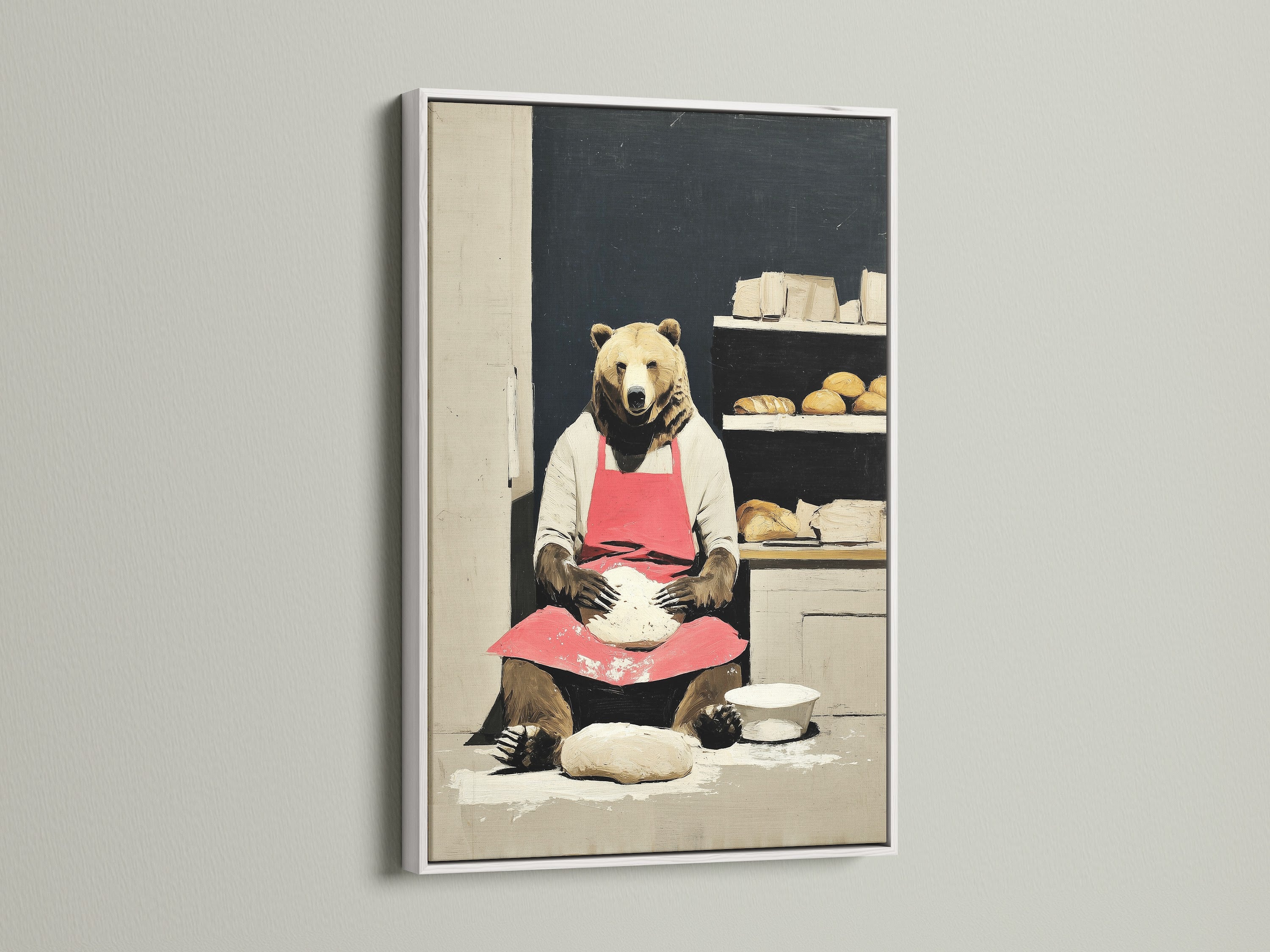 The whimsical bear baker artwork is displayed in a clean white frame. The white frame offers a fresh and modern look. This artwork is Ideal for kitchens and cafes. It is perfect for adding a lighthearted touch to your decor.