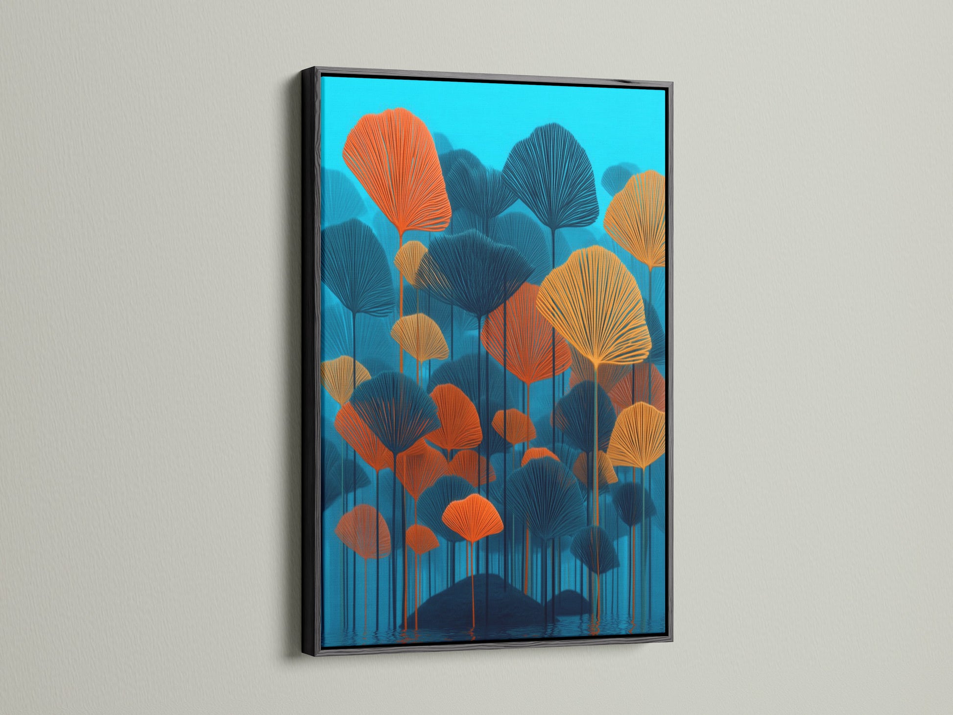 Botanical wall art featuring teal and orange abstract leaves in a sleek black frame. The contrast enhances the artwork's modern appeal. This contemporary print is perfect for minimalist and eclectic interiors. Add a touch of sophistication to your living room bedroom or office.
