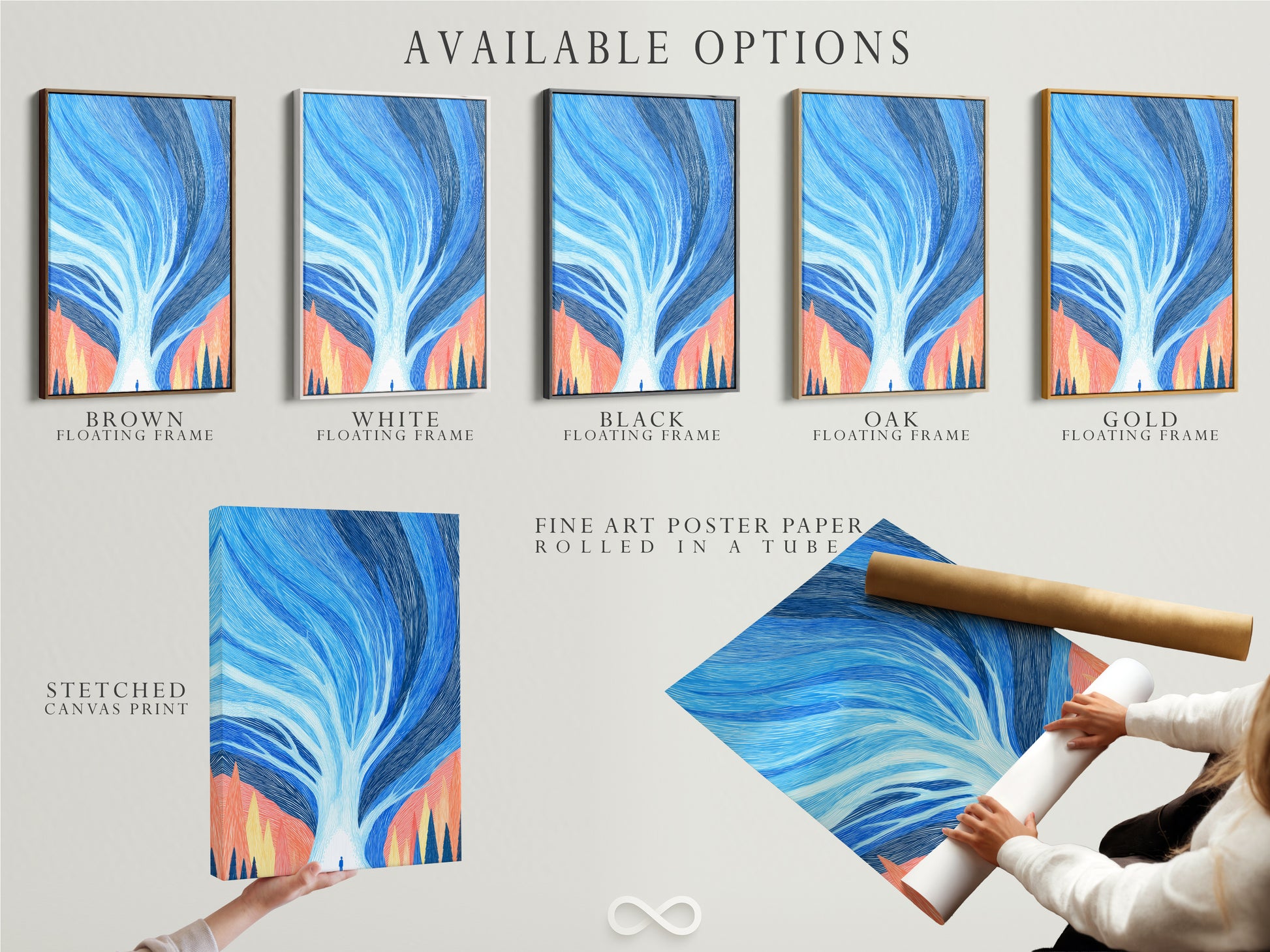 Available options for the Abstract Tree artwork. Choose from a stretched canvas print. Opt for fine art poster paper. Select a floating frame to complete the look. The blue and coral modern art is perfect for any wall decor.