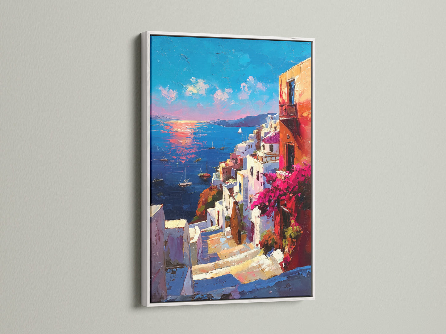 Artwork is elegantly presented in a white frame. The white frame offers a clean and modern aesthetic. It beautifully complements the artwork's colors and details. Enhance your artwork with this timeless framing choice. Create a gallery-worthy display.
