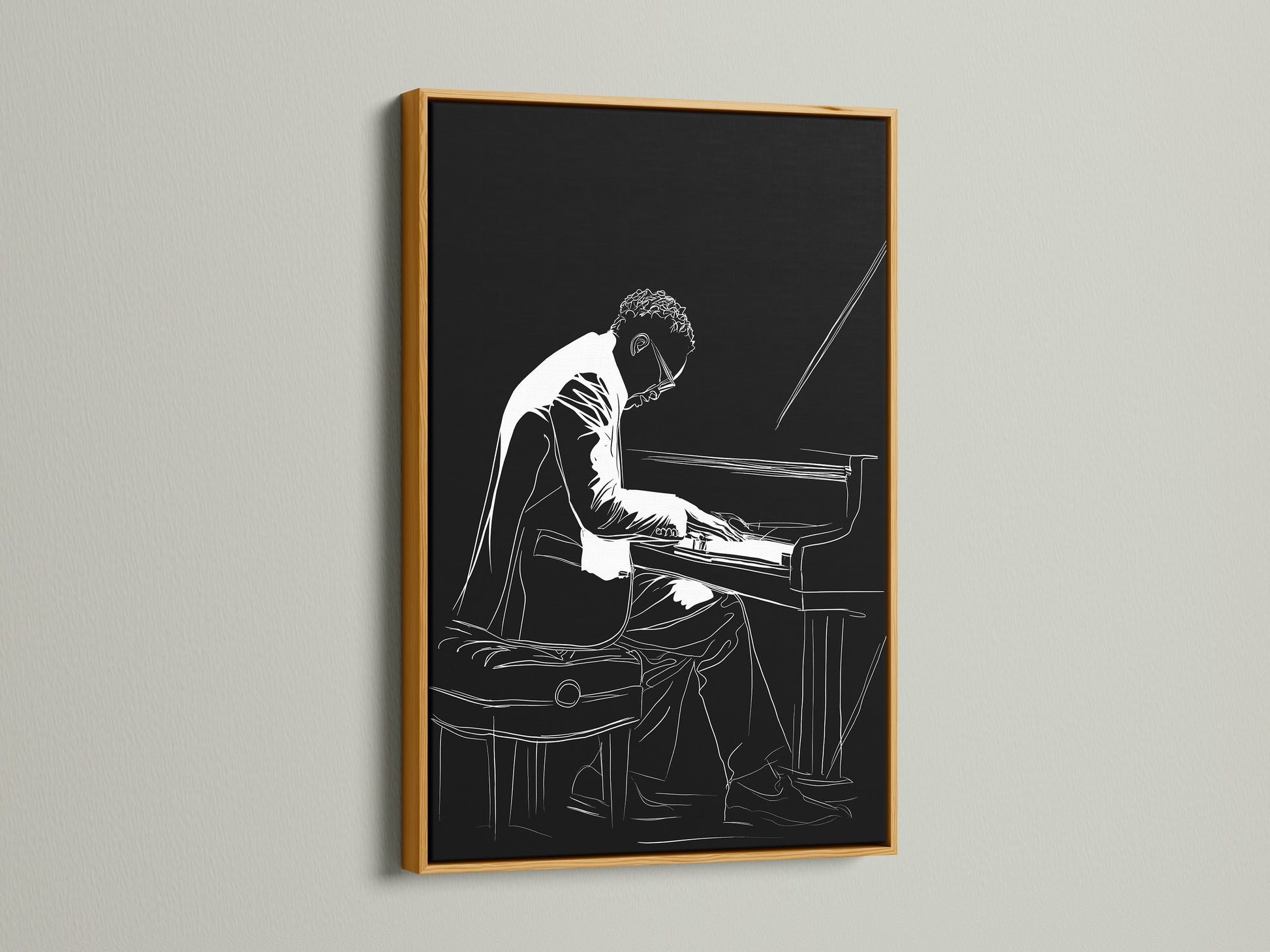 Behold the splendor of this piano player artwork in a gold frame. The jazz musician canvas wall art adds a luxurious touch. Elevate your home with this black and white music wall decor. Perfect for music lovers and art enthusiasts.