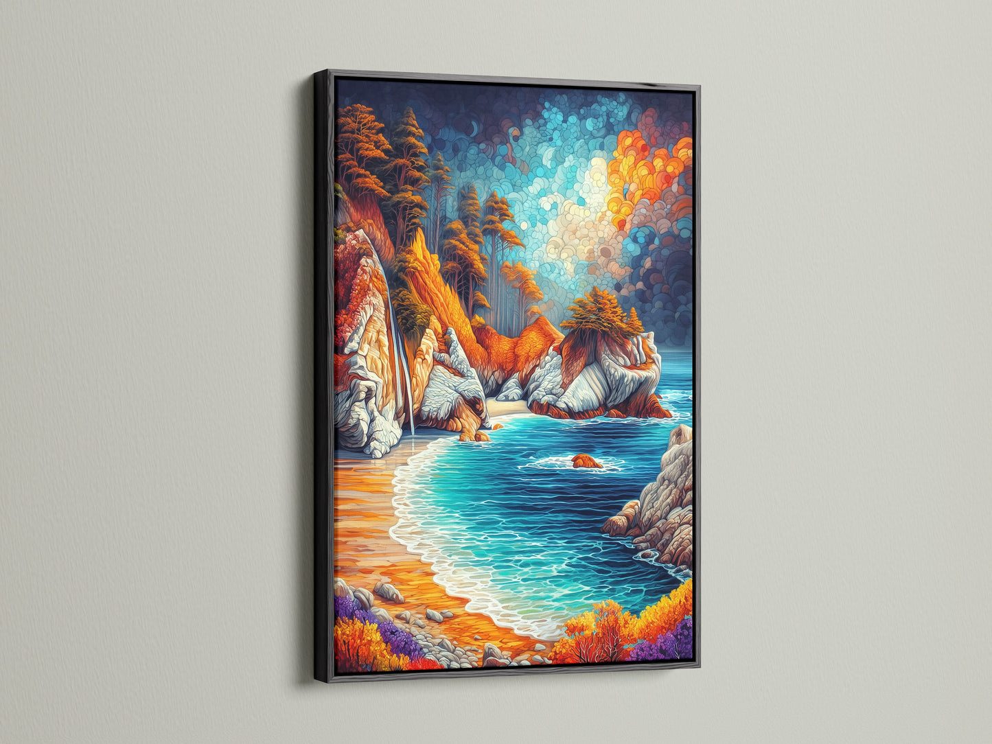 Coastal Landscape Artwork with a black frame. The black frame makes the colorful seascape artwork pop. The vibrant ocean wall art is perfect for any space. This art complements coastal beachy or modern aesthetics. Bring the beauty of the ocean into your home.