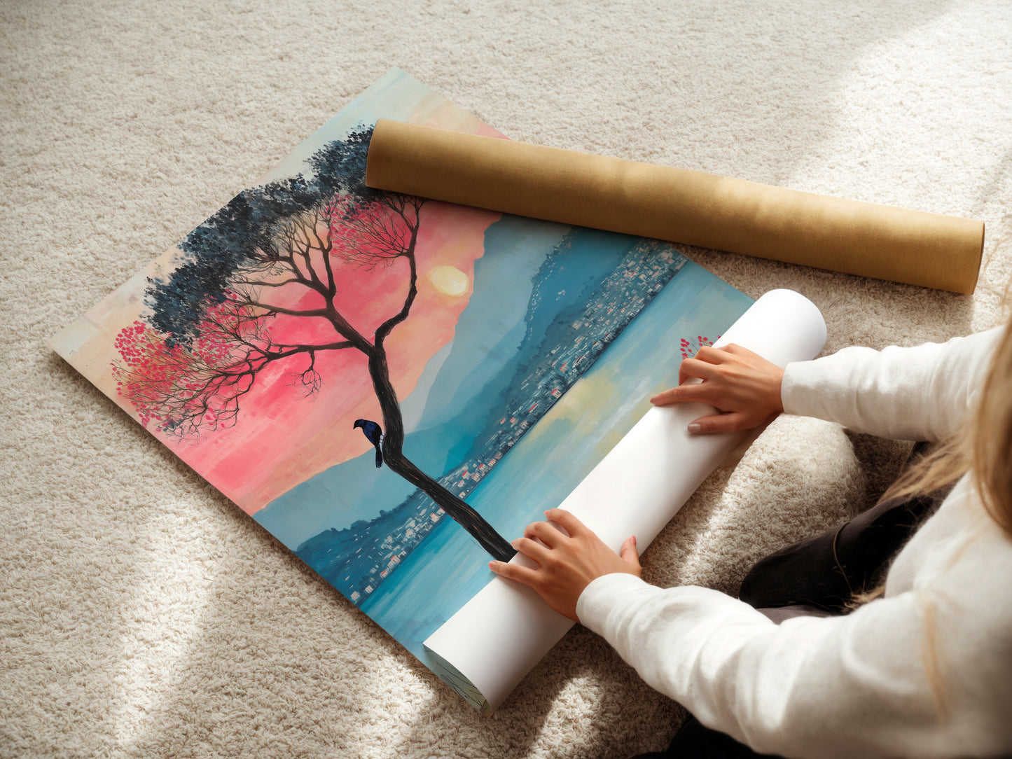 A woman carefully rolls a fine art poster paper. This lake sunset artwork is ready to be framed. The mountain view canvas will add a touch of nature. Enjoy the pink and teal colors in this tranquil scene.