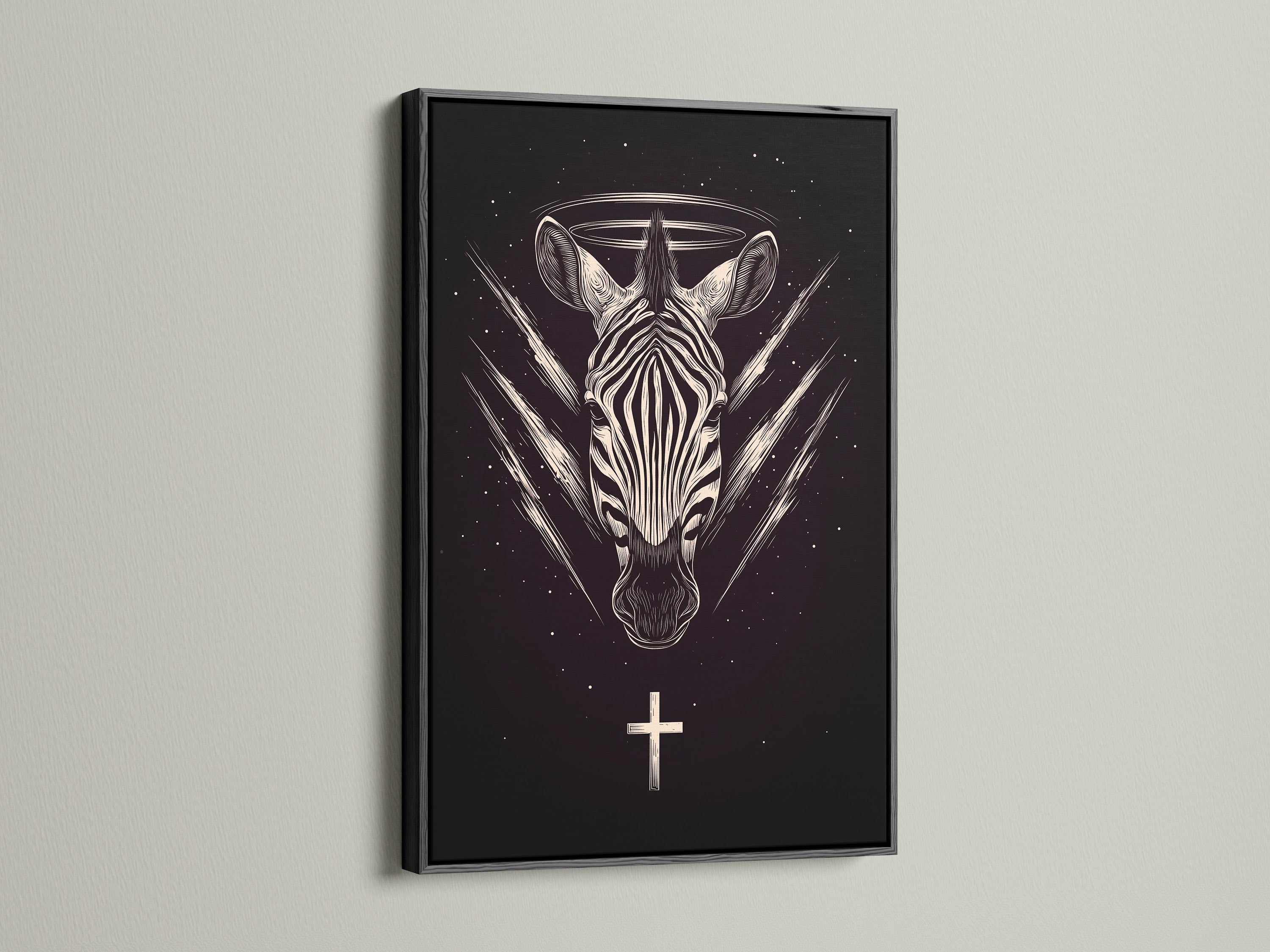 Zebra Celestial artwork with a black frame. This gothic animal wall art features sacred geometry. The black frame complements the dark wall decor. Perfect for creating a gothic home decor aesthetic. This spiritual art piece is unique.
