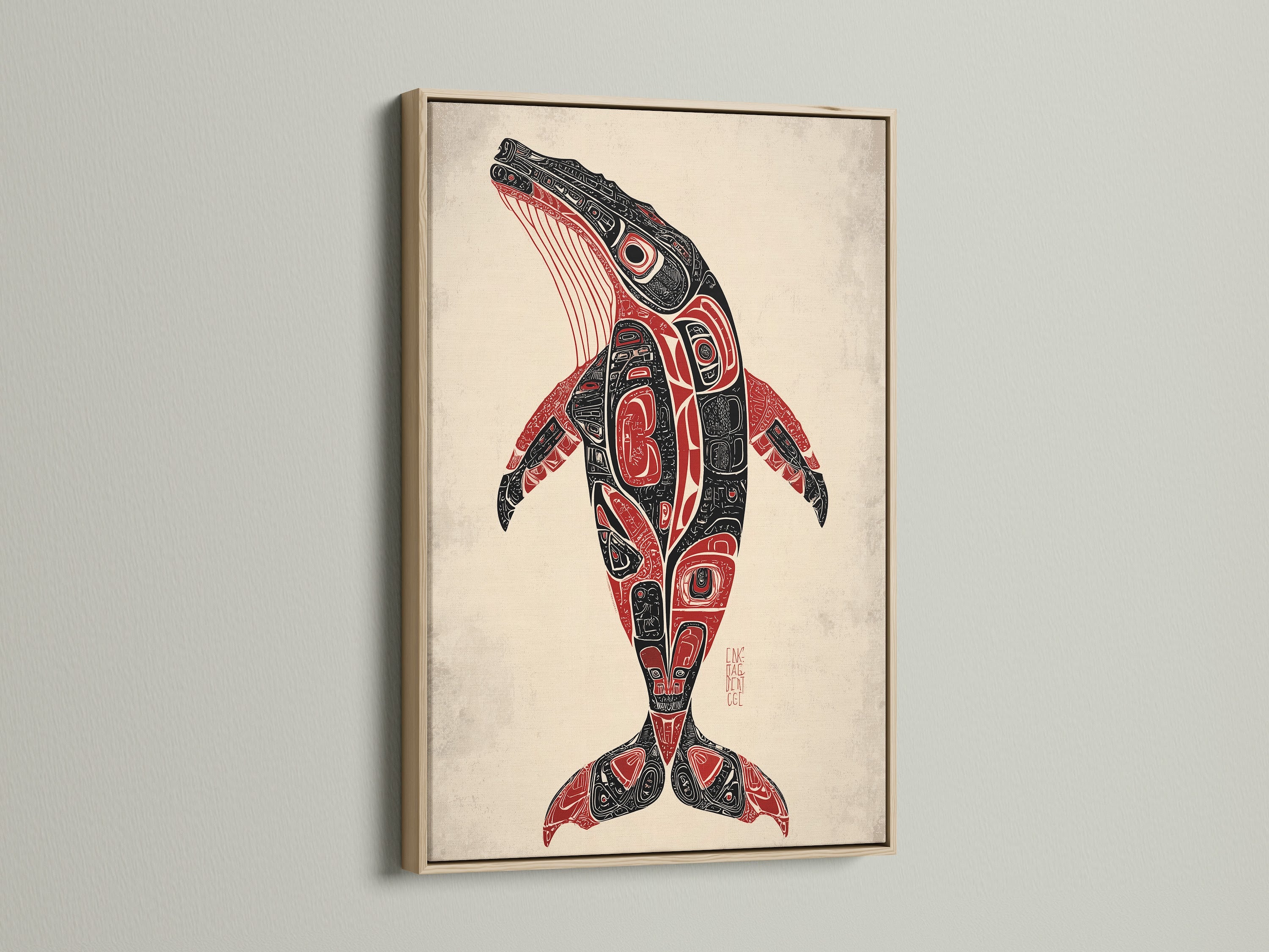 This is a whale art print. It is displayed in an oak frame. The Pacific Northwest Native art brings indigenous style. It's ideal tribal wall decor for rustic spaces.