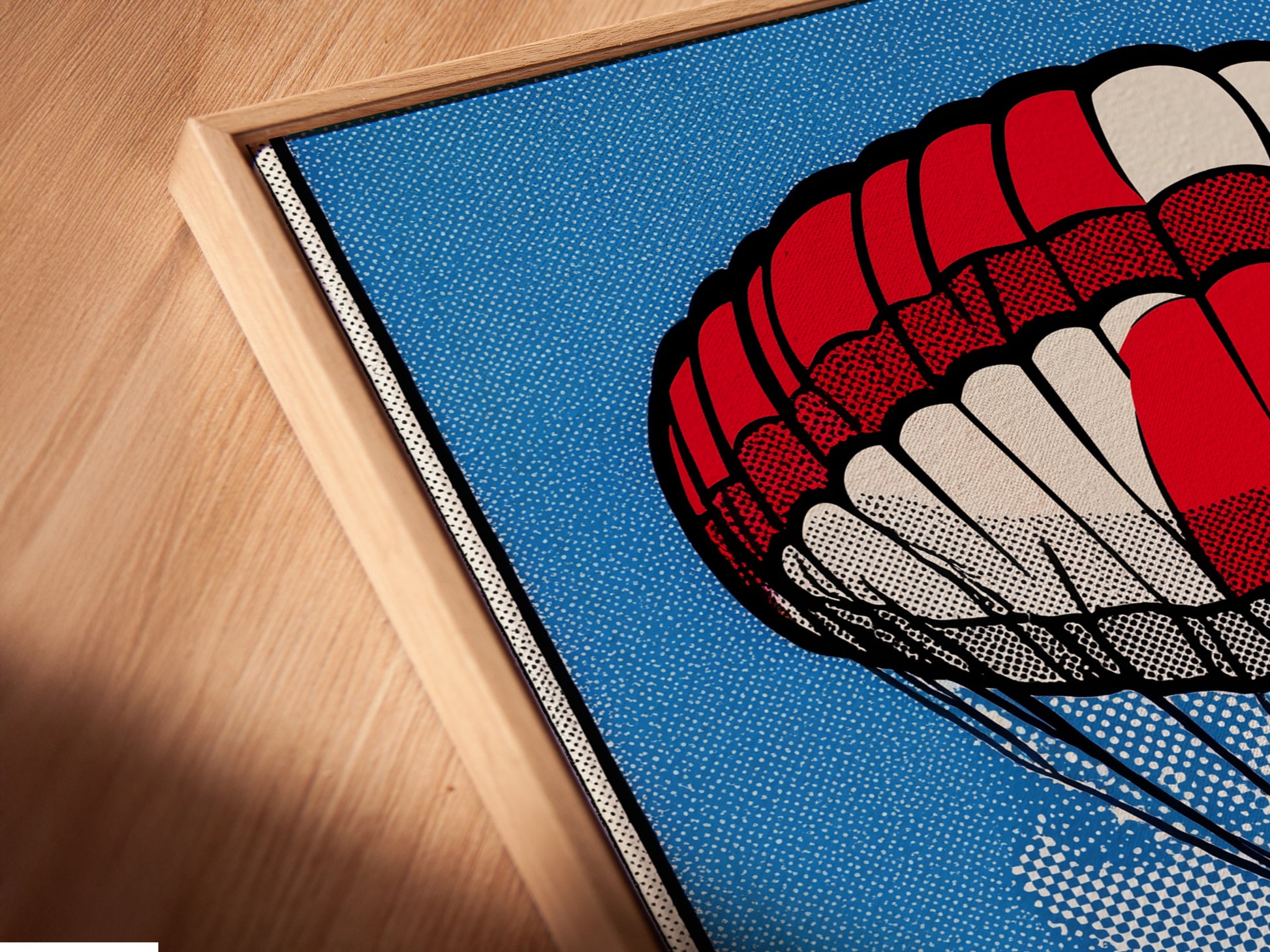 Angled close-up of a canvas print in a floating frame. Floating frames create a modern and elegant display. The frame enhances the artwork. Perfect for showcasing canvas prints. The floating frame adds depth and dimension to any piece. Explore floating frame options.