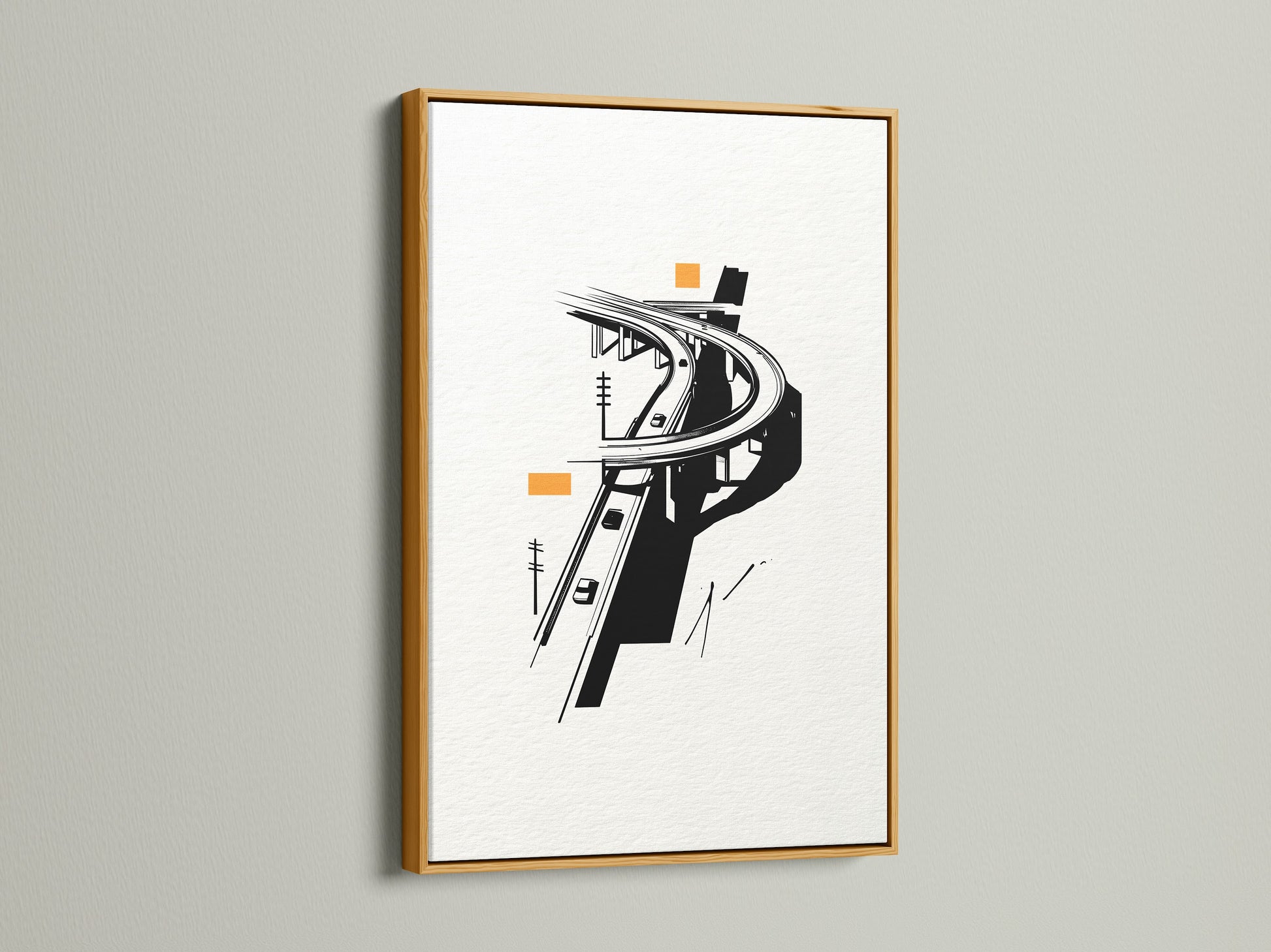 The Highway Overpass artwork is beautifully displayed in a gold frame. This modern art print adds sophistication to any space. The urban minimalist wall art enhances office decor. The black and white cityscape canvas offers a unique architectural artwork.  It is ideal for contemporary spaces.