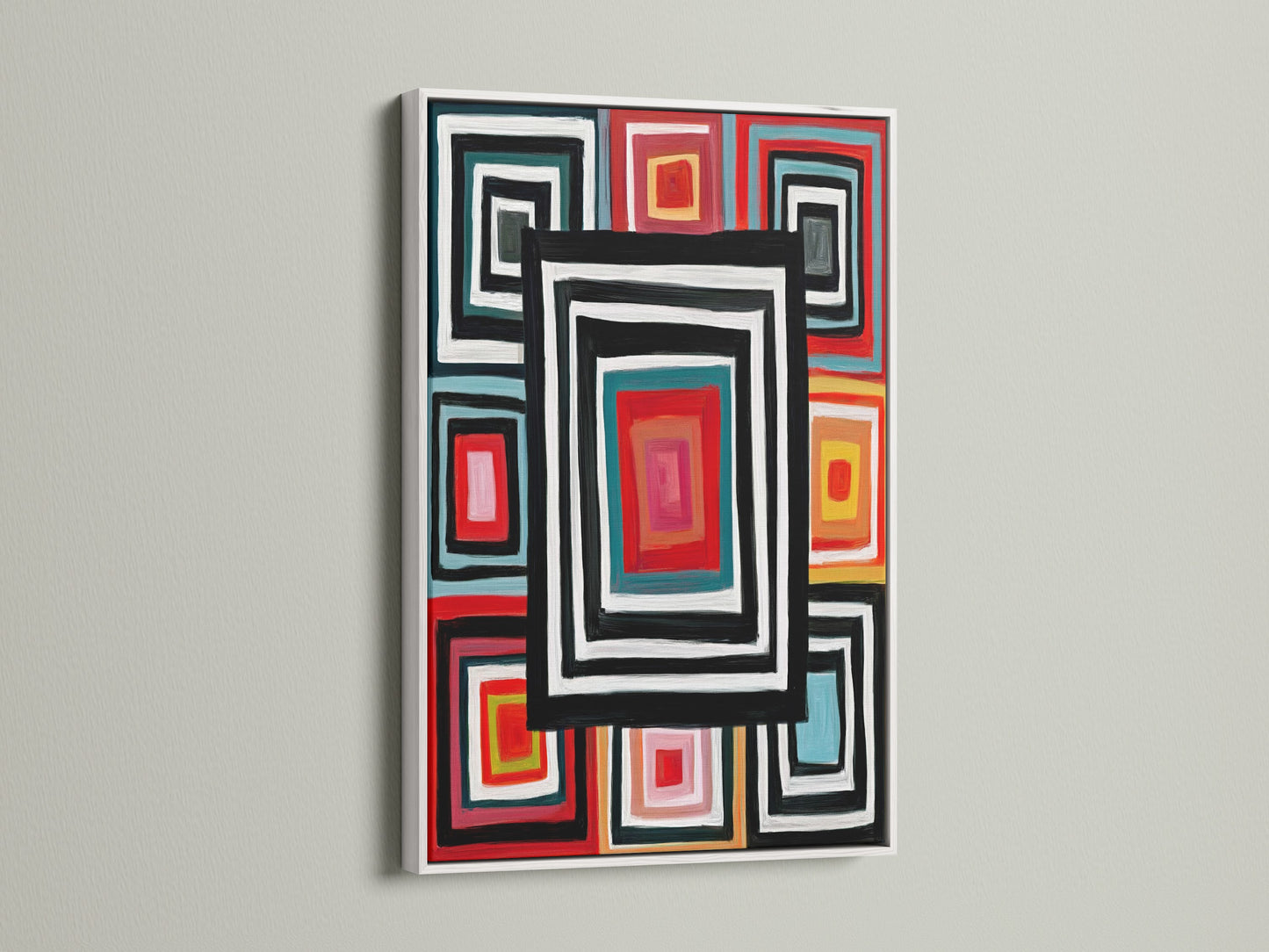 Geometric Squares canvas print with a white frame. This artwork brings retro flair and colorful vibes. It enhances your home decor with a modern abstract touch. The vibrant color decor is perfect for any room. This square pattern is very eye-catching.