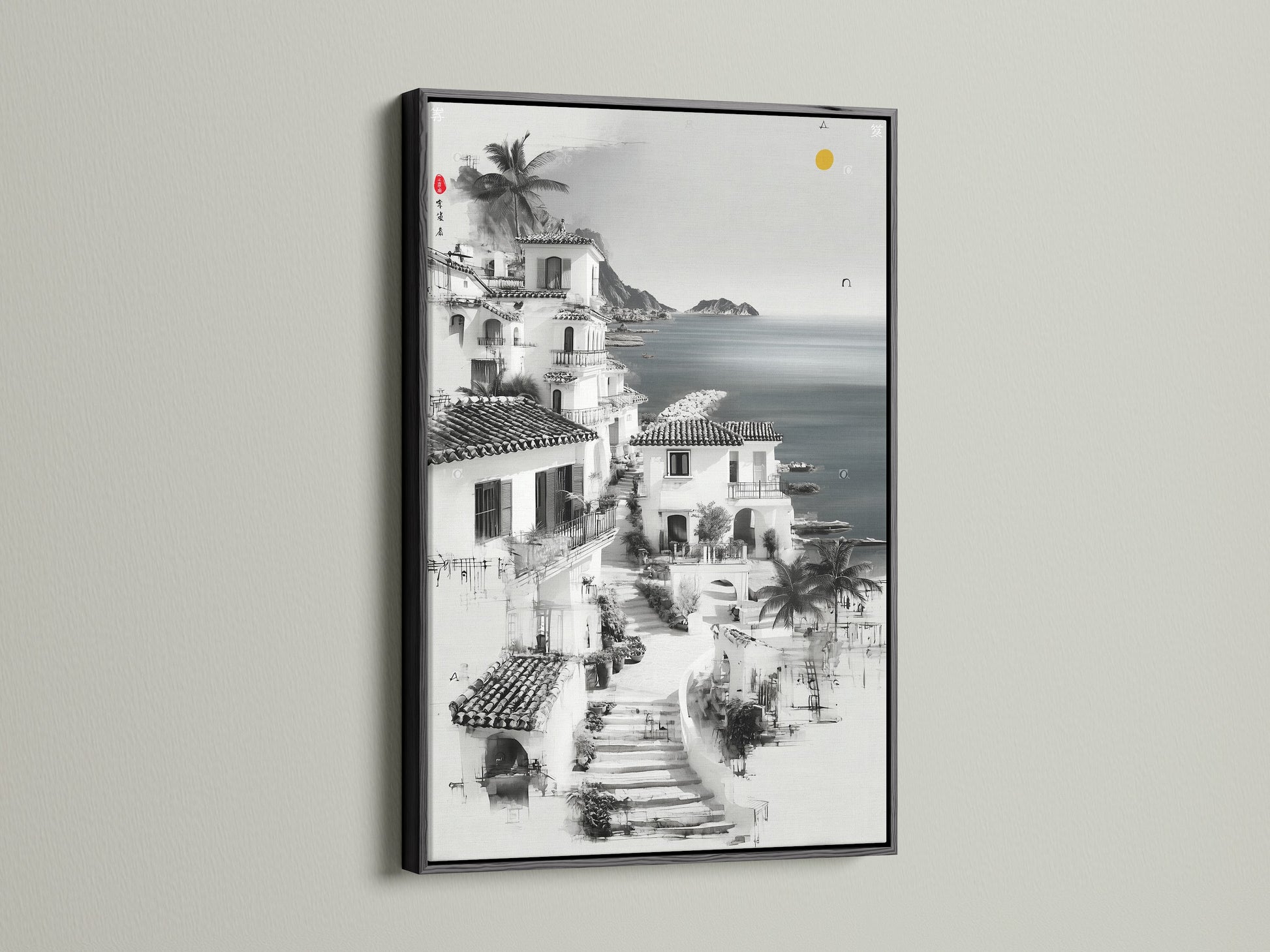 Coastal Village artwork in a black frame. A striking contrast for modern spaces. This black and white town artwork adds sophistication. Perfect as office art or a statement piece in your home.