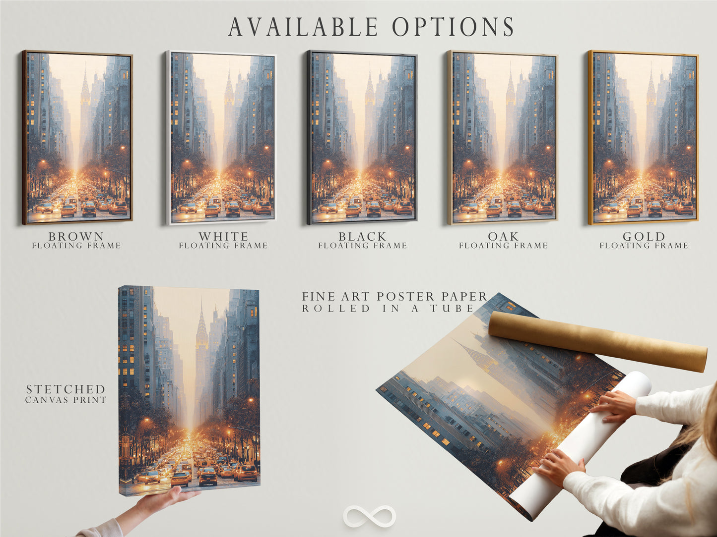 Available options displayed including stretched canvas print fine art poster paper and floating frame. Showcasing the versatility of this city street artwork. Find the perfect format for your urban wall art.