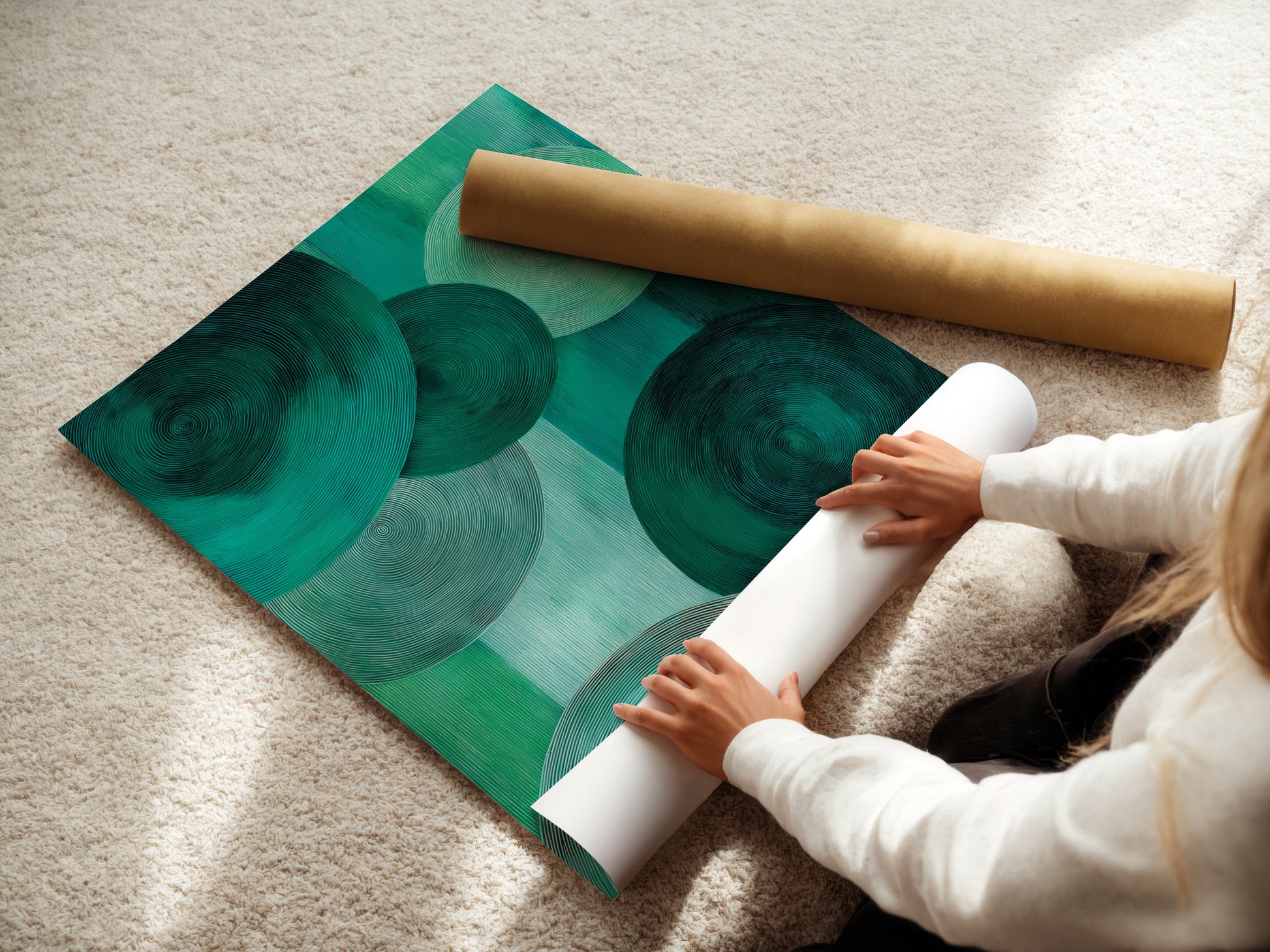 A woman carefully rolls fine art poster paper. The emerald green abstract art will soon become a modern masterpiece. The geometric circle artwork is ready for display. This artwork is perfect for art enthusiasts.