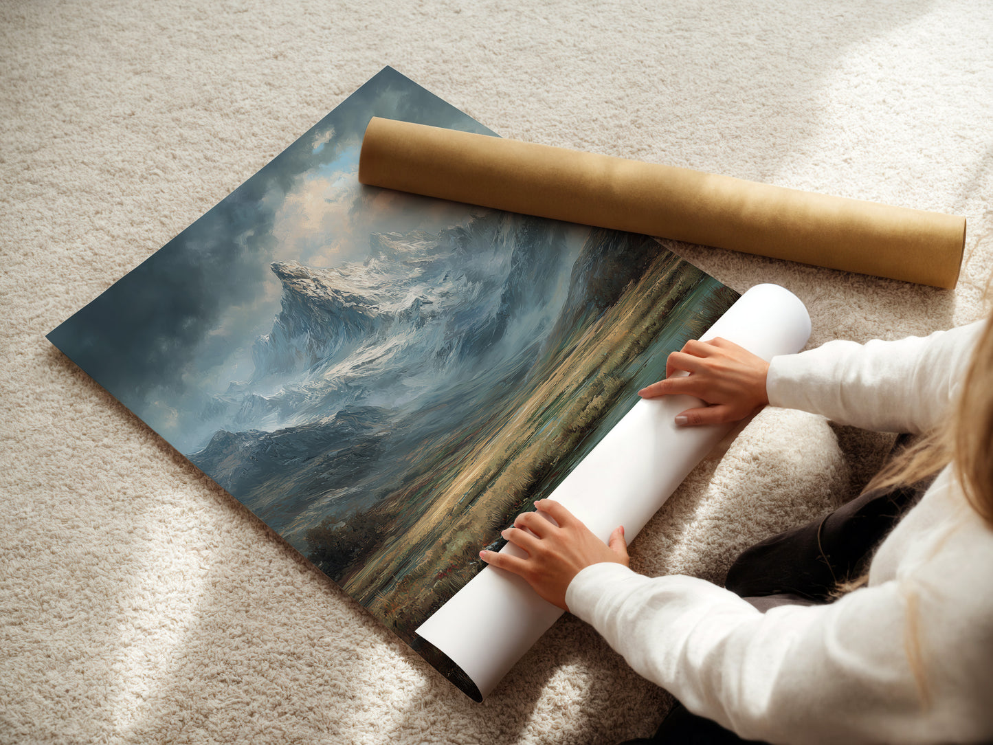 A woman is carefully rolling a fine art poster paper. The poster paper is high-quality. The paper is perfect for artwork. This ensures the artwork is protected. It is a delicate process that requires precision. The result is a beautifully preserved art piece.
