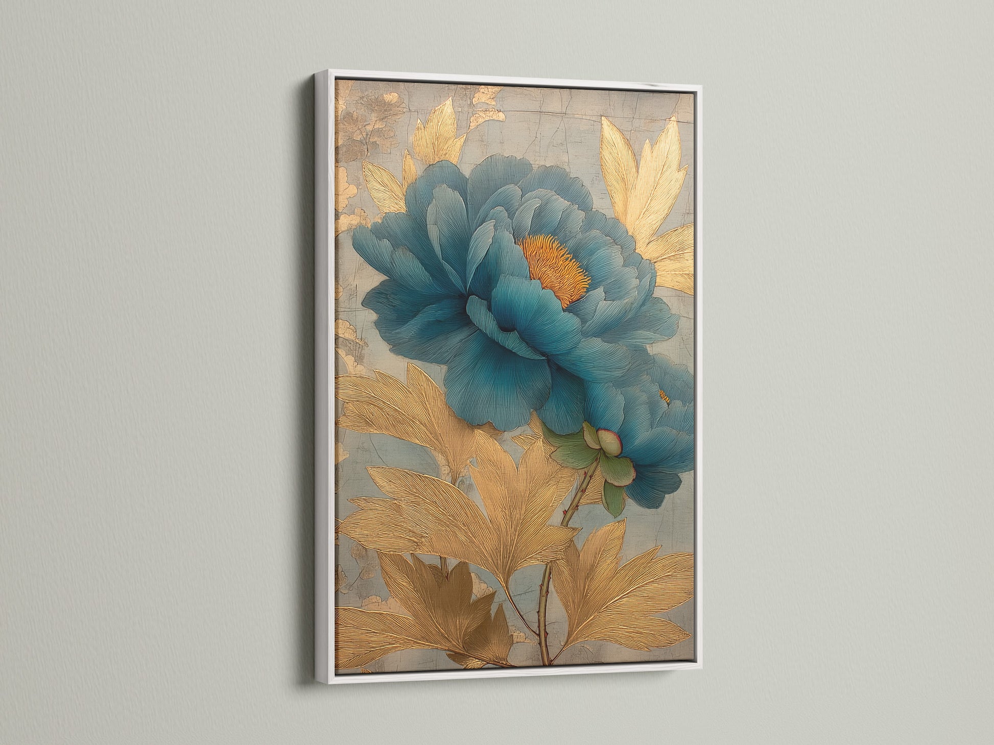 Artwork with a white frame. The art depicts a blue flower. The artwork is framed in a floating frame. The white frame is a clean and modern look. The artwork is hanging on a white wall.