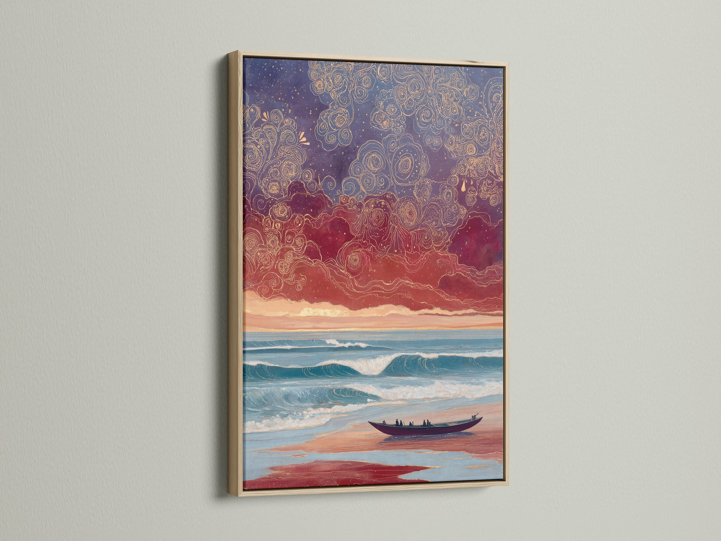 A serene ocean wall art piece featuring a dreamy sunset. The canvas print is framed with a natural oak frame. The coastal artwork brings a calming touch to any space. Ideal for minimalist bohemian or nautical themes. Add a touch of the beach to your home.