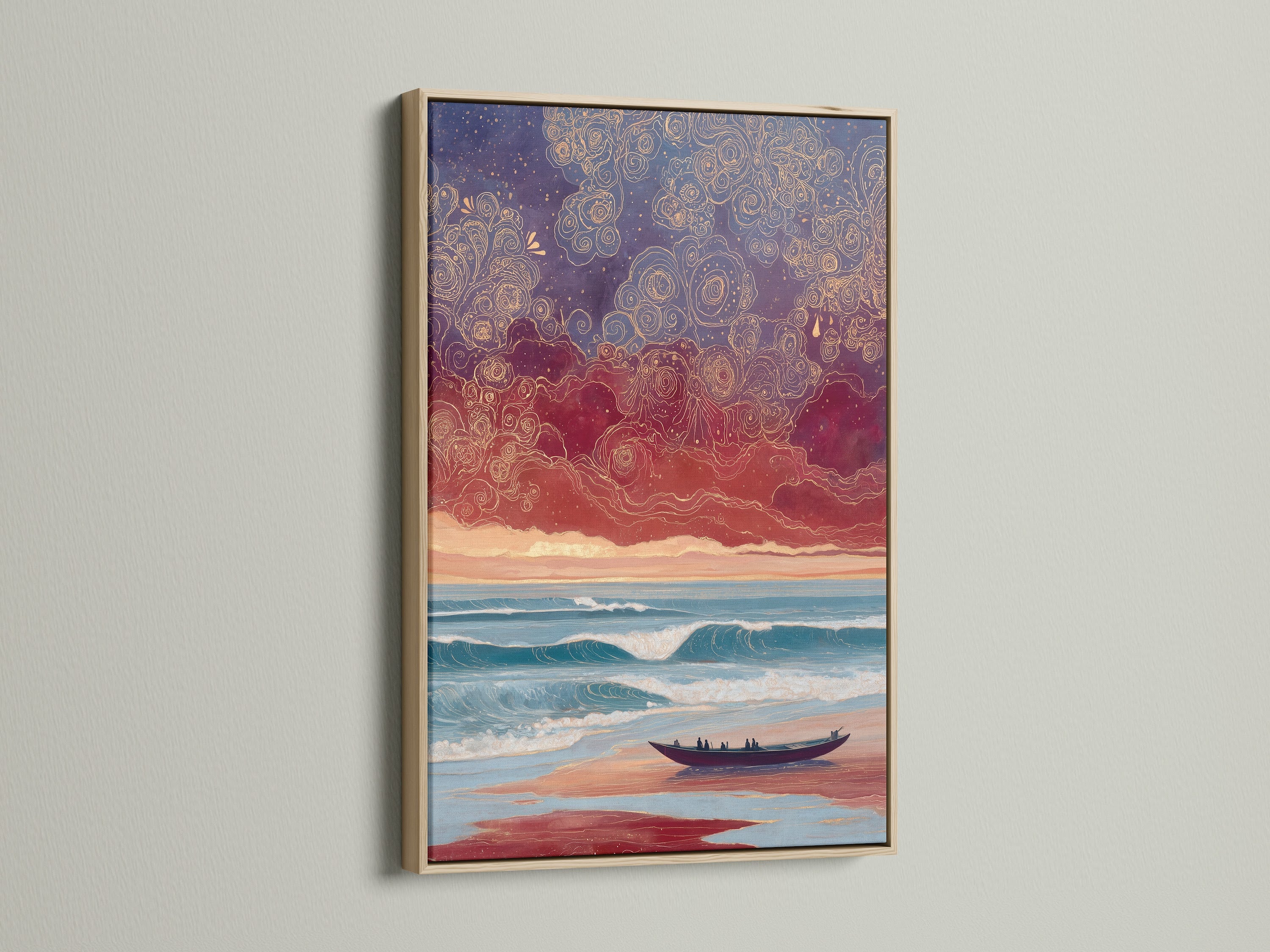 A serene ocean wall art piece featuring a dreamy sunset. The canvas print is framed with a natural oak frame. The coastal artwork brings a calming touch to any space. Ideal for minimalist bohemian or nautical themes. Add a touch of the beach to your home.