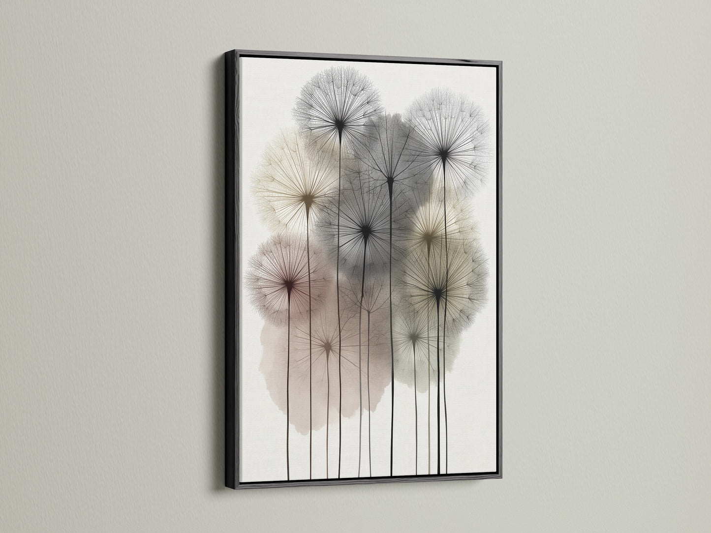 Dandelion artwork set in a black frame. This modern floral poster creates a striking contrast. A bold choice for bedroom wall decor. The neutral botanical art is perfect for contemporary spaces. It is a minimalist art piece to enhance your living room.