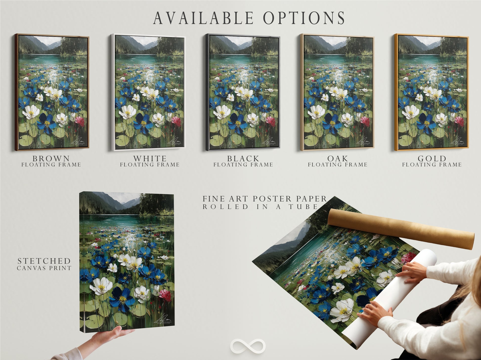 Available options include a stretched canvas print fine art poster paper and floating frame. Explore the different formats to suit your style. Choose the perfect option for your mountain artwork. Each enhances the artwork.